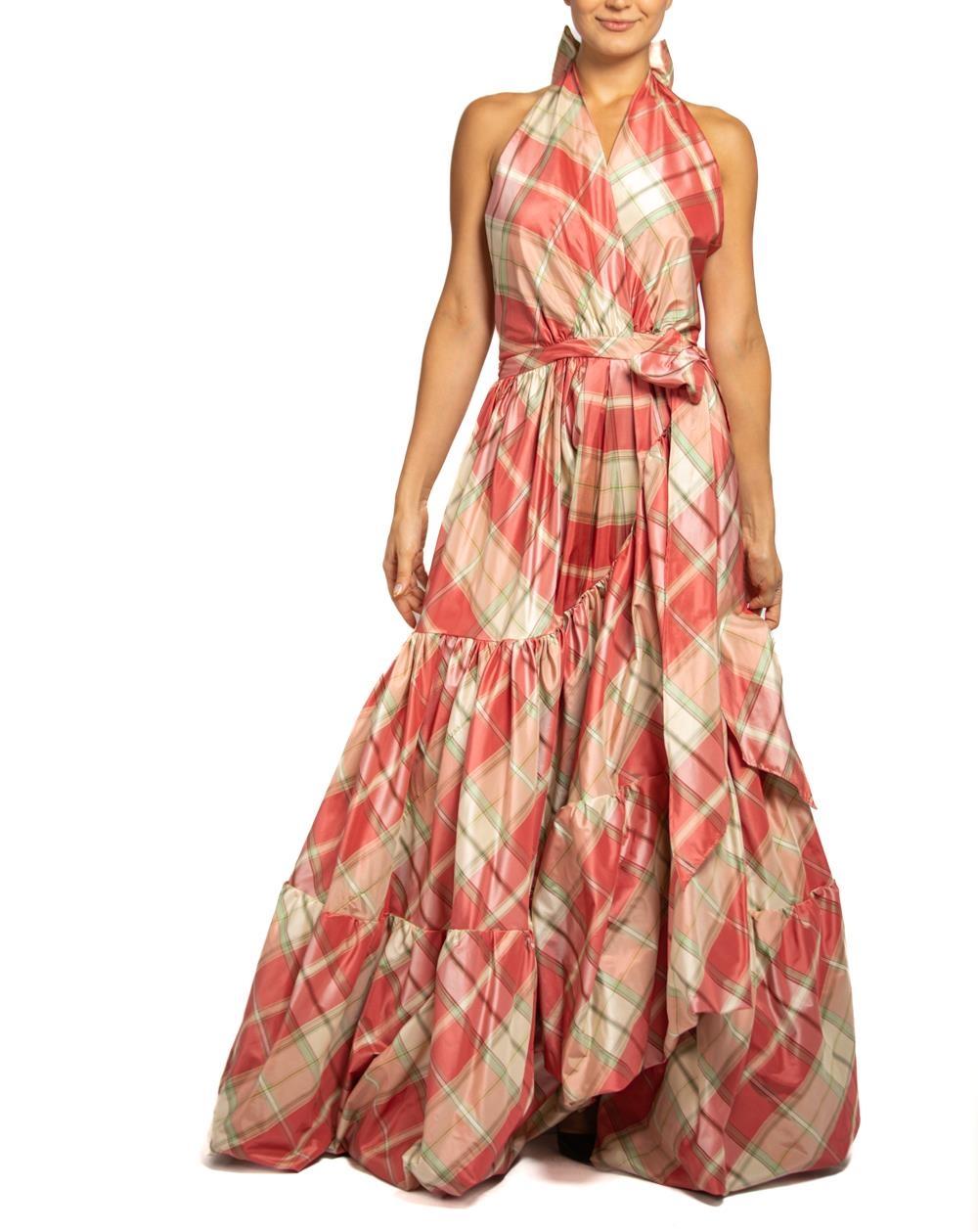 MORPHEW COLLECTION Pink & Aqua Silk Taffeta Plaid Gown MASTER For Sale 1