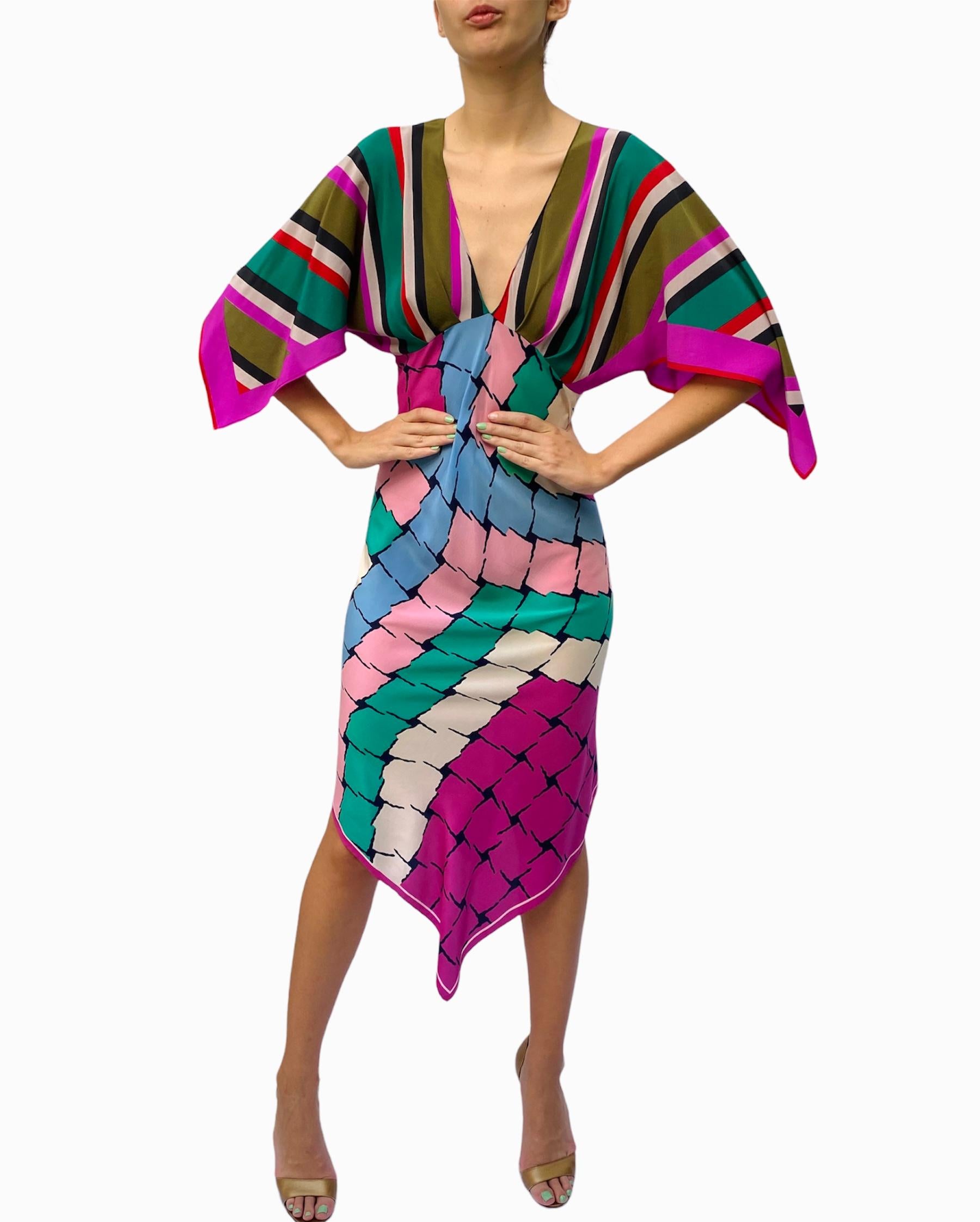 Morphew Collection Pink & Blue Multicolored Silk Geometric Stripe 2-Scarf Dress 6