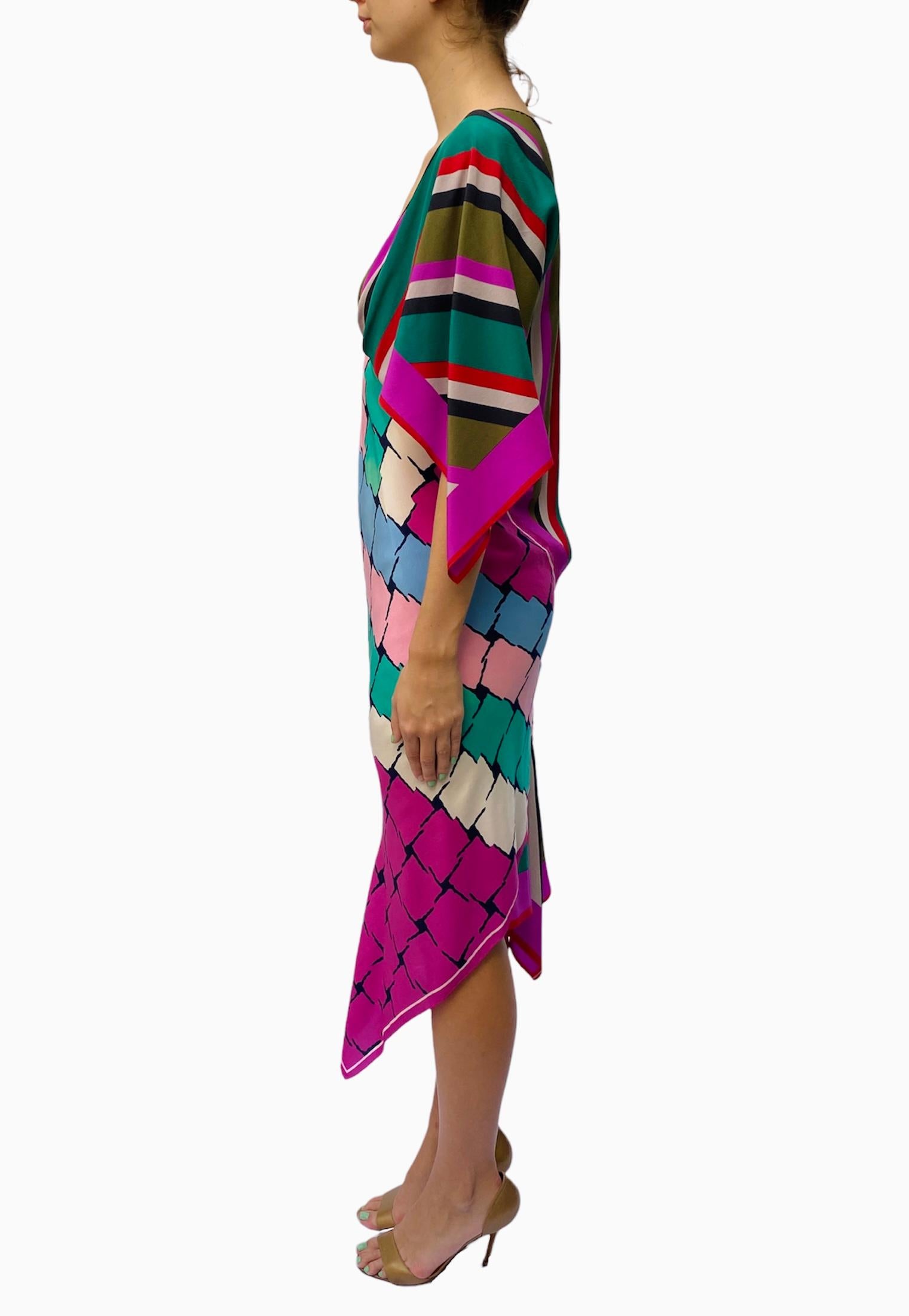Morphew Collection Pink & Blue Multicolored Silk Geometric Stripe 2-Scarf Dress In Excellent Condition In New York, NY