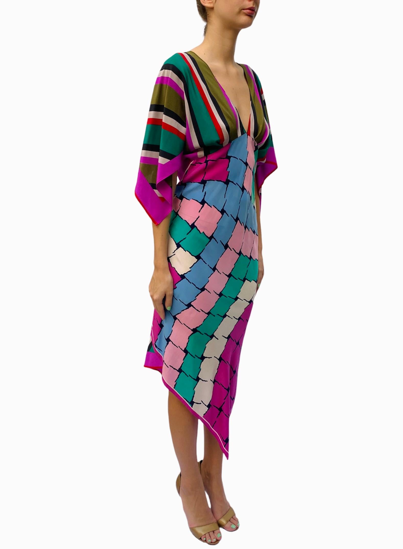 Morphew Collection Pink & Blue Multicolored Silk Geometric Stripe 2-Scarf Dress 4