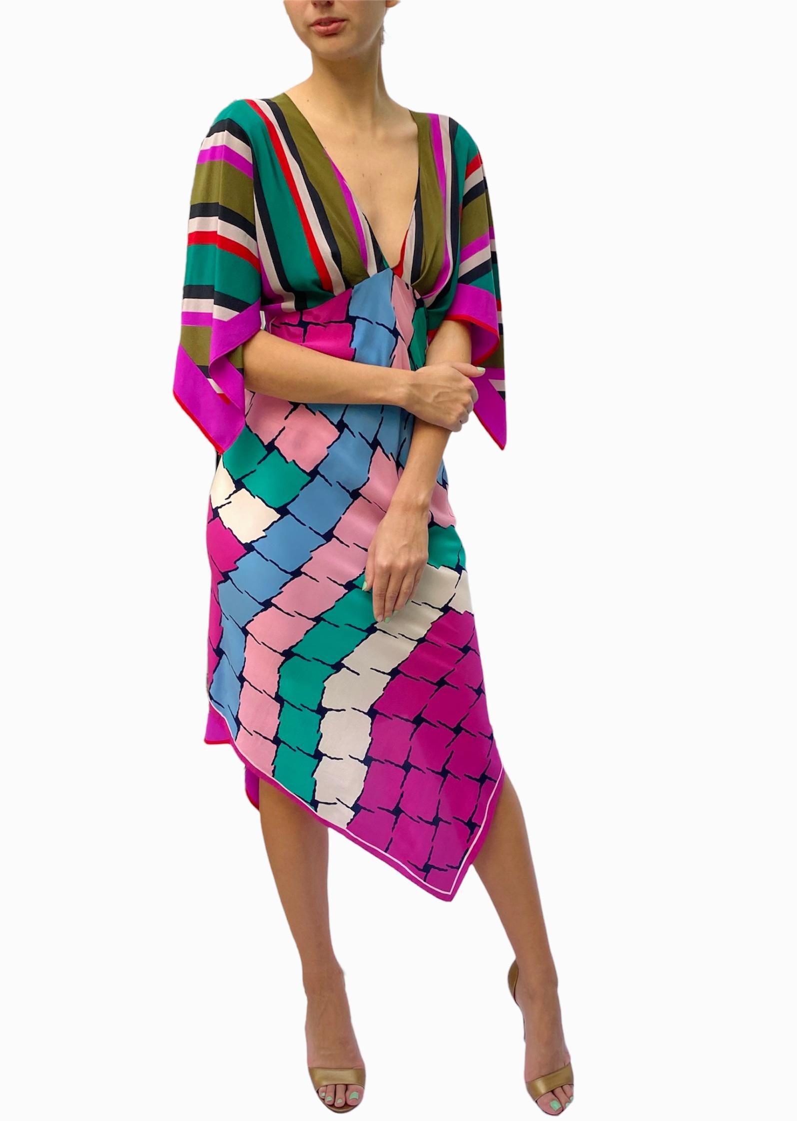 Morphew Collection Pink & Blue Multicolored Silk Geometric Stripe 2-Scarf Dress 5
