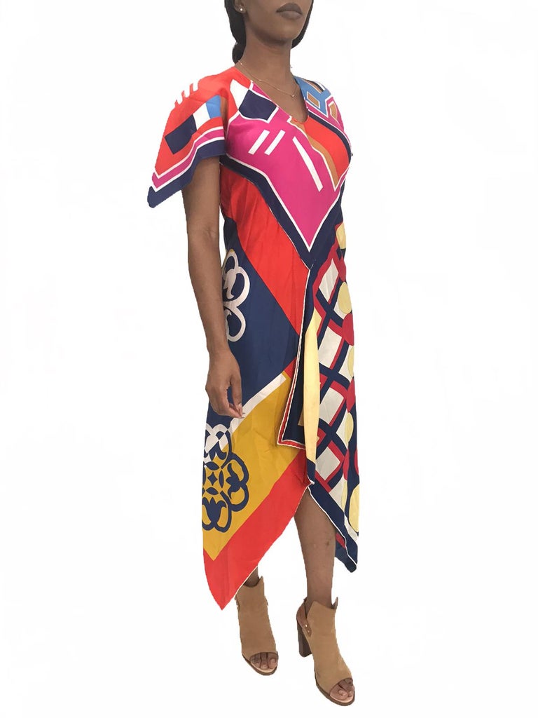 MORPHEW COLLECTION Pink & Blue Silk Poly Bias Cut Scarf Kaftan Dress Made From  For Sale 1