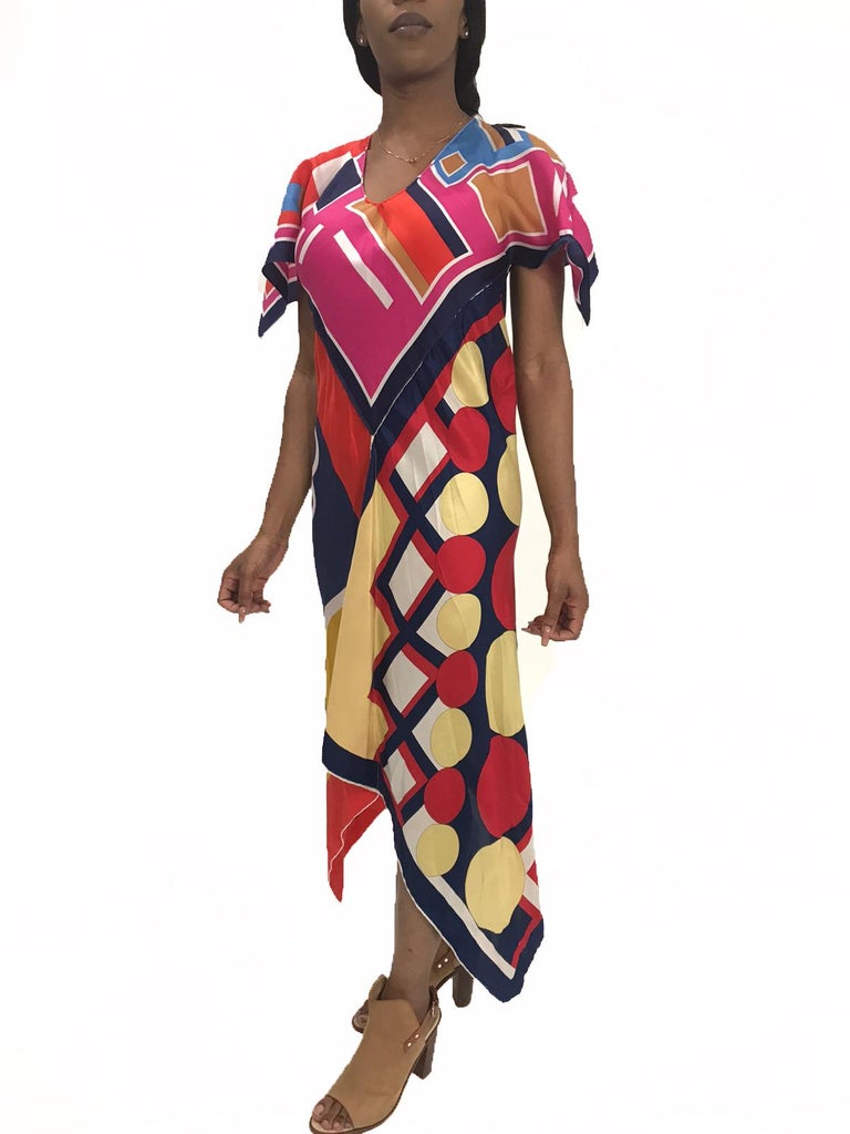 MORPHEW COLLECTION Pink & Blue Silk Poly Bias Cut Scarf Kaftan Dress Made From  For Sale 2