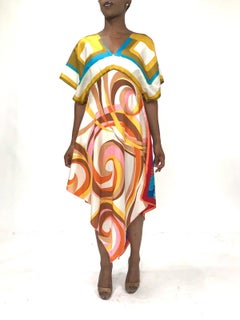 Morphew Collection Pink, Blue & Yellow Rayon Silk 60S Mod Geometric Kaftan Scarf