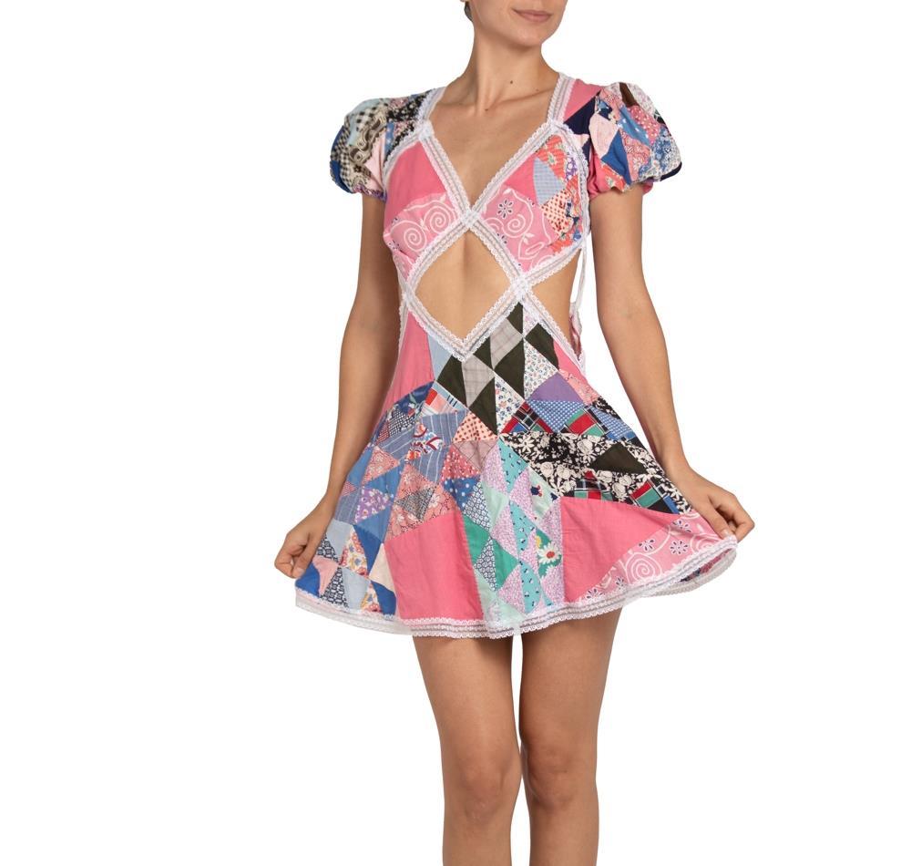 Morphew Collection Pink Cotton & Vintage Lace Patchwork Quilt Dress For Sale 3