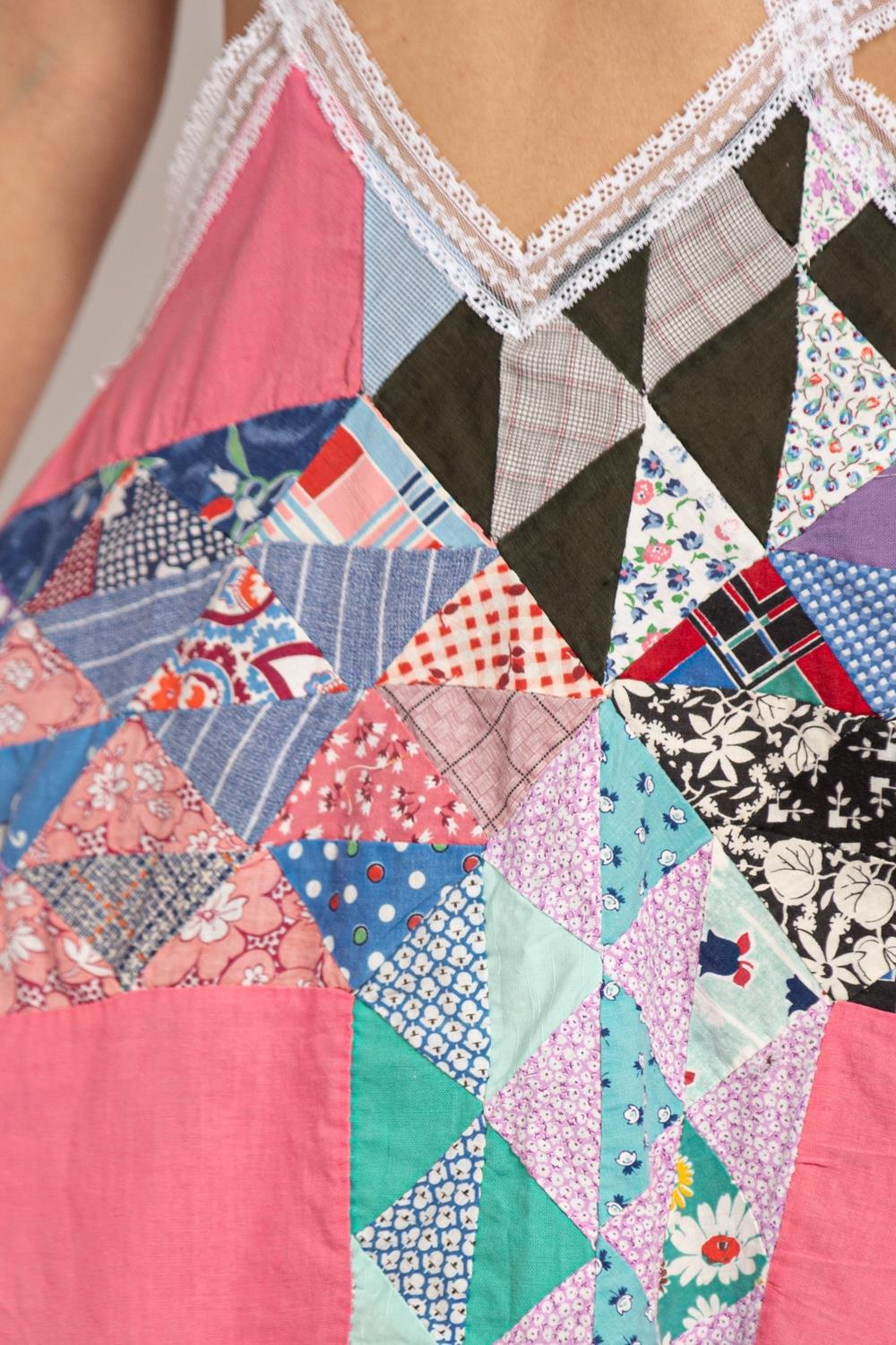 Morphew Collection Pink Cotton & Vintage Lace Patchwork Quilt Dress For Sale 4