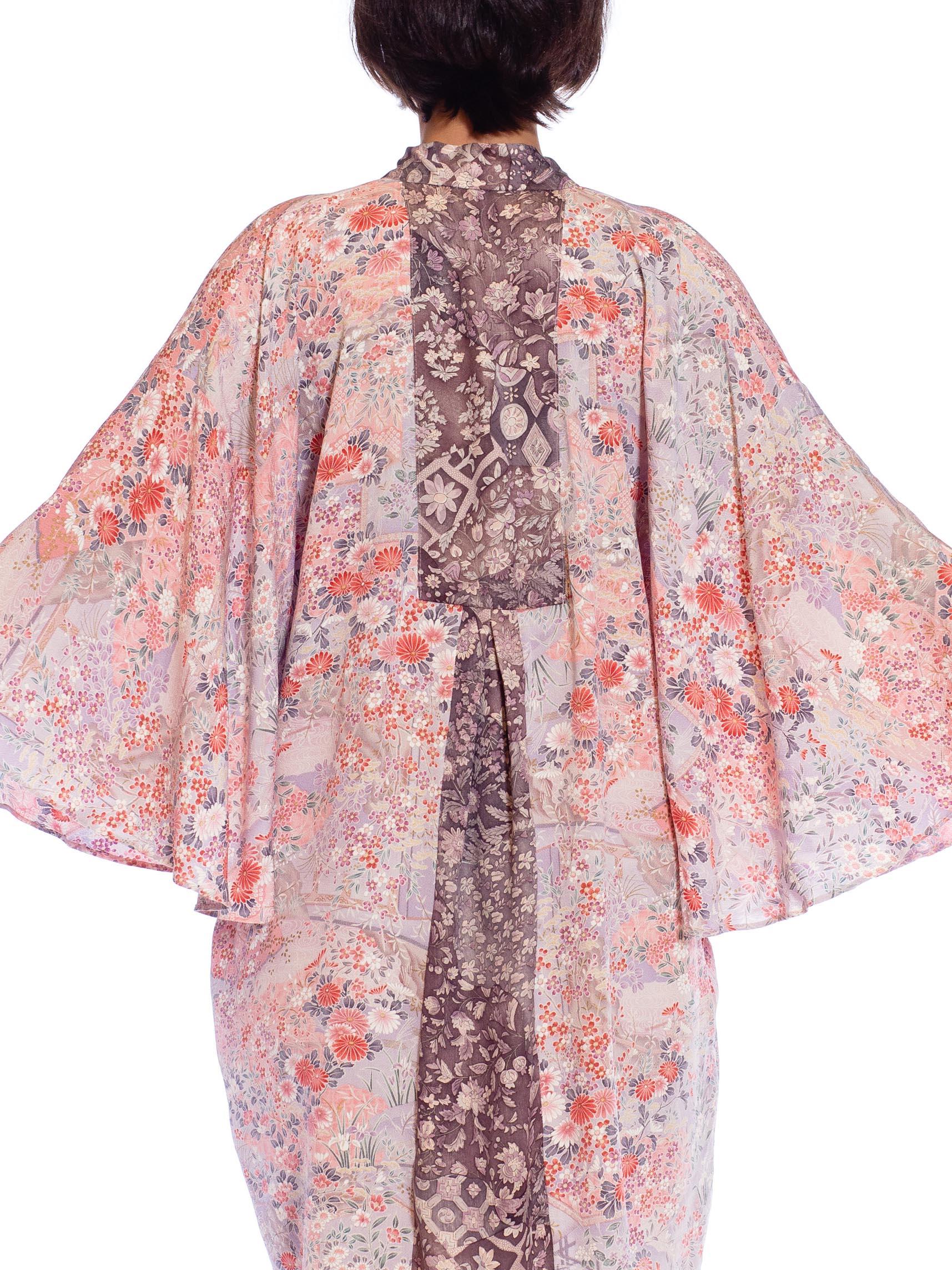 MORPHEW COLLECTION Pink Floral Print Japanese Kimono Silk Violet Detail Kaftan  For Sale 4