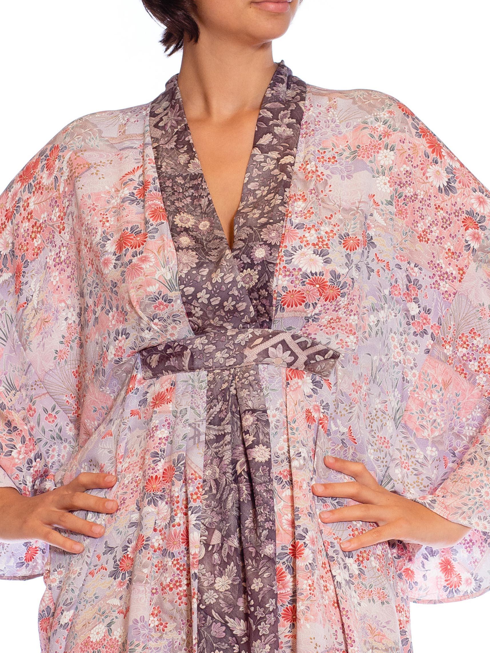 MORPHEW COLLECTION Pink Floral Print Japanese Kimono Silk Violet Detail Kaftan  In Excellent Condition For Sale In New York, NY
