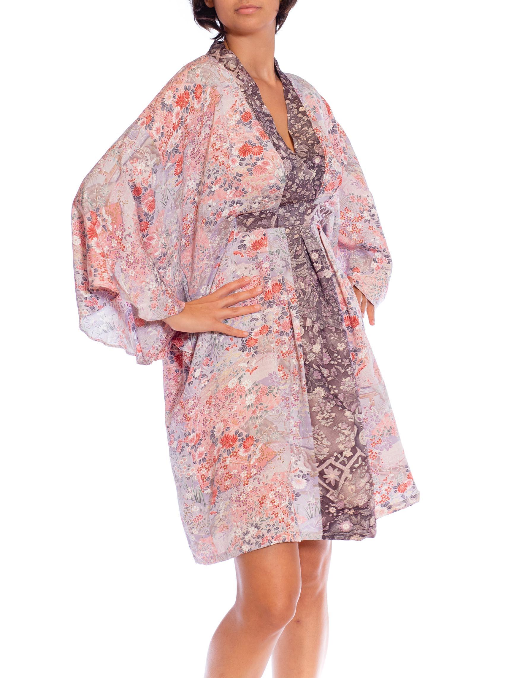 Women's MORPHEW COLLECTION Pink Floral Print Japanese Kimono Silk Violet Detail Kaftan  For Sale