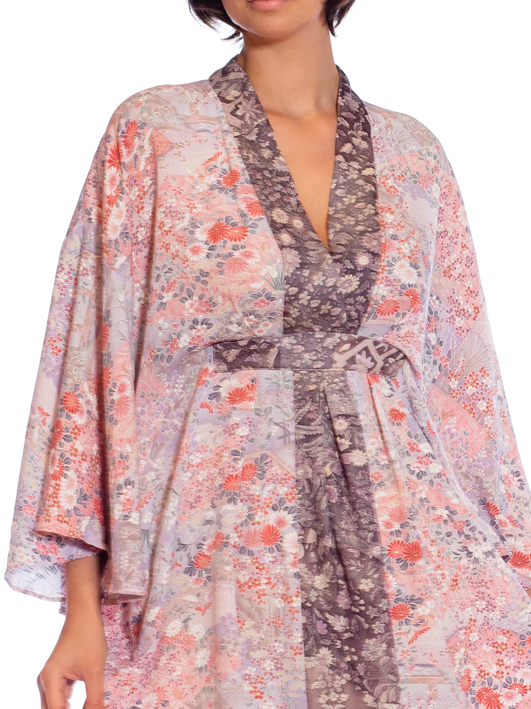 MORPHEW COLLECTION Pink Floral Print Japanese Kimono Silk Violet Detail Kaftan  For Sale 1