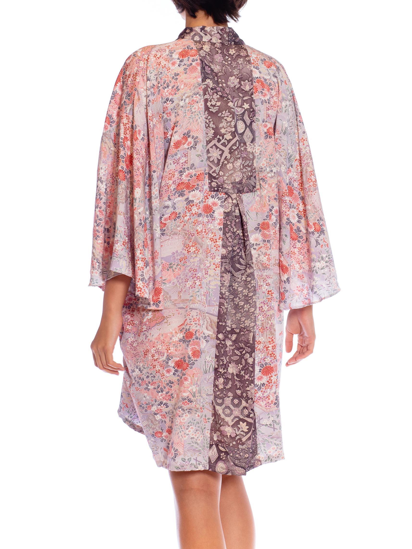 MORPHEW COLLECTION Pink Floral Print Japanese Kimono Silk Violet Detail Kaftan  For Sale 2