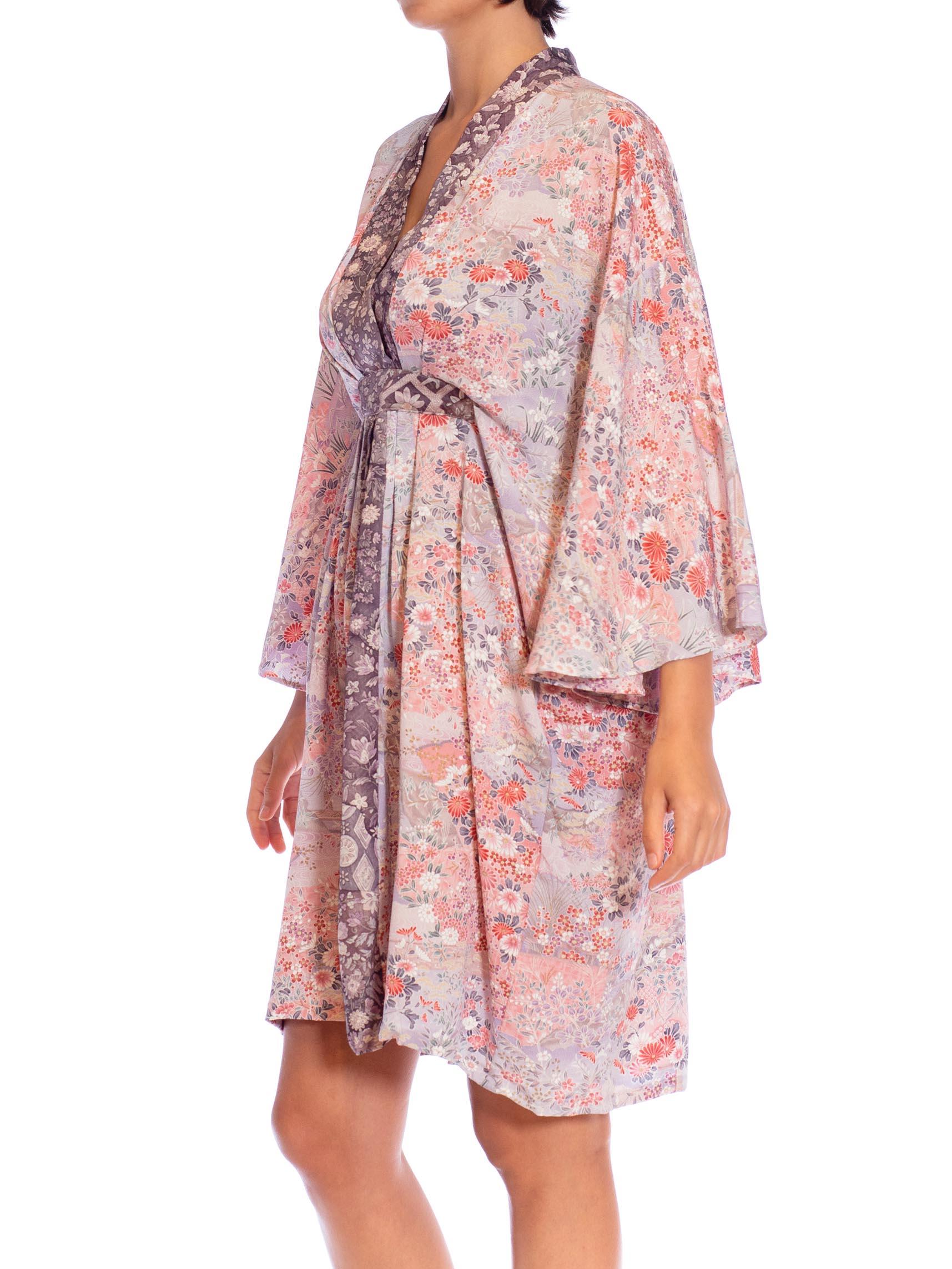 MORPHEW COLLECTION Pink Floral Print Japanese Kimono Silk Violet Detail Kaftan  For Sale 3