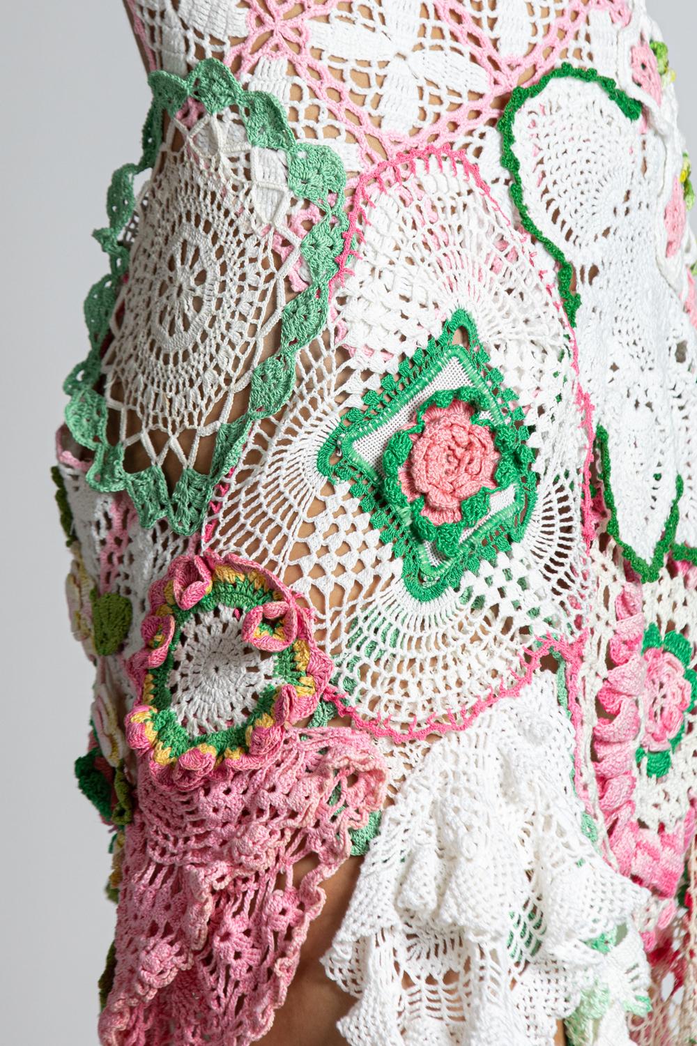Morphew Collection Pink & Green Cotton Crochet Lace Dress For Sale 2