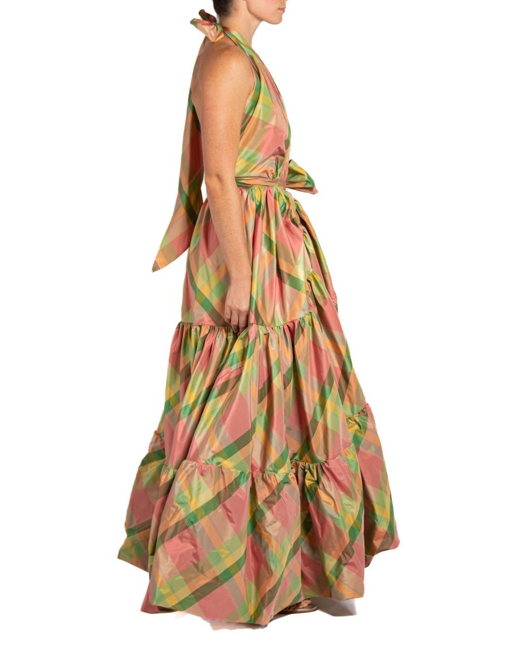 MORPHEW COLLECTION Pink & Green Silk Taffeta Plaid Gown In Excellent Condition For Sale In New York, NY