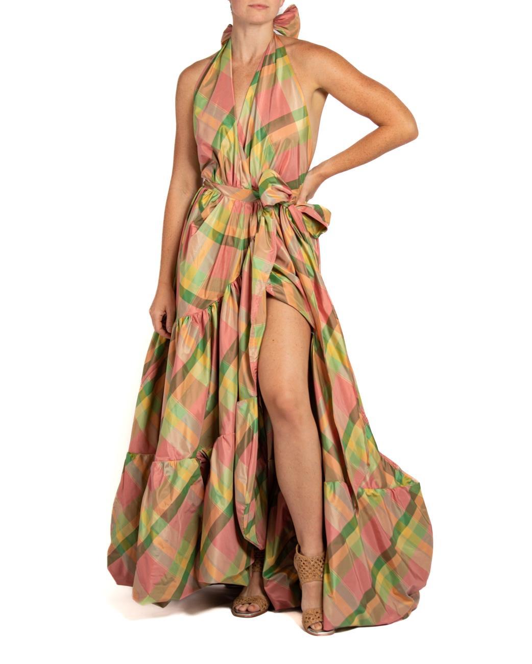 Women's MORPHEW COLLECTION Pink & Green Silk Taffeta Plaid Gown For Sale