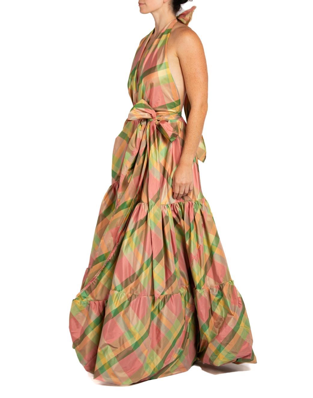 MORPHEW COLLECTION Pink & Green Silk Taffeta Plaid Gown For Sale 2