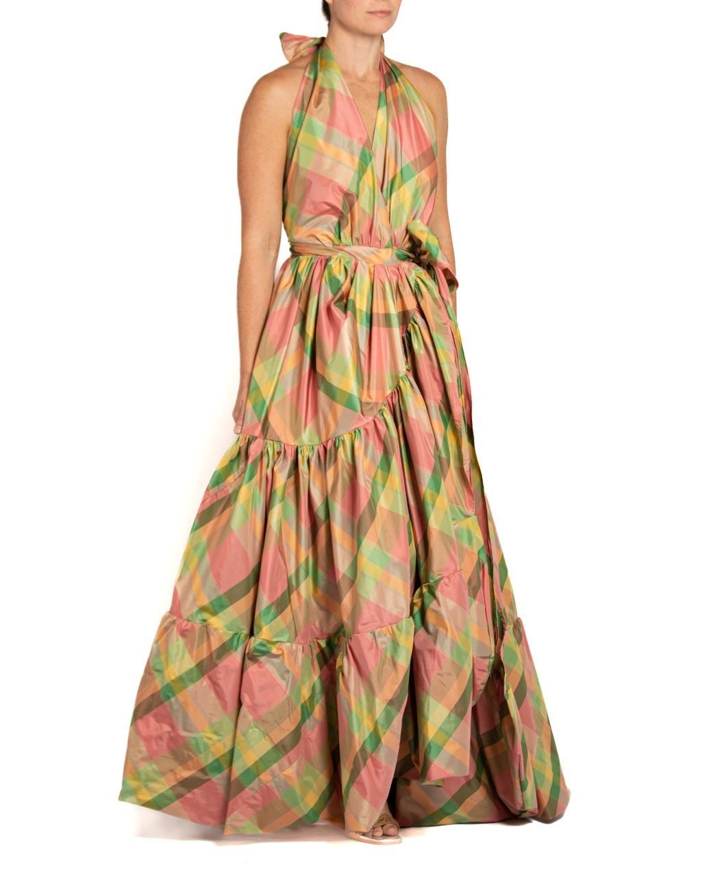 MORPHEW COLLECTION Pink & Green Silk Taffeta Plaid Gown For Sale 3