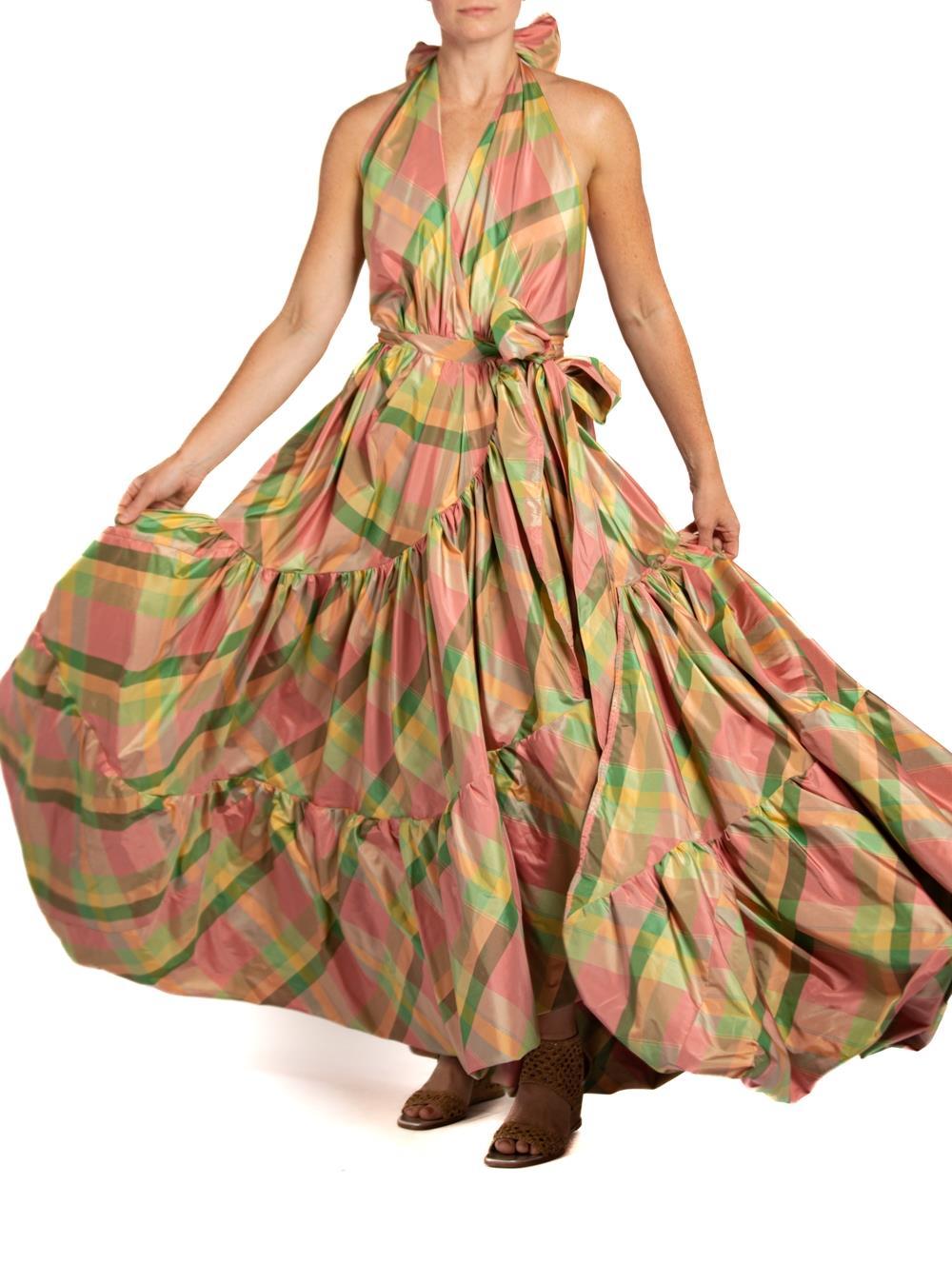 MORPHEW COLLECTION Pink & Green Silk Taffeta Plaid Gown For Sale 5