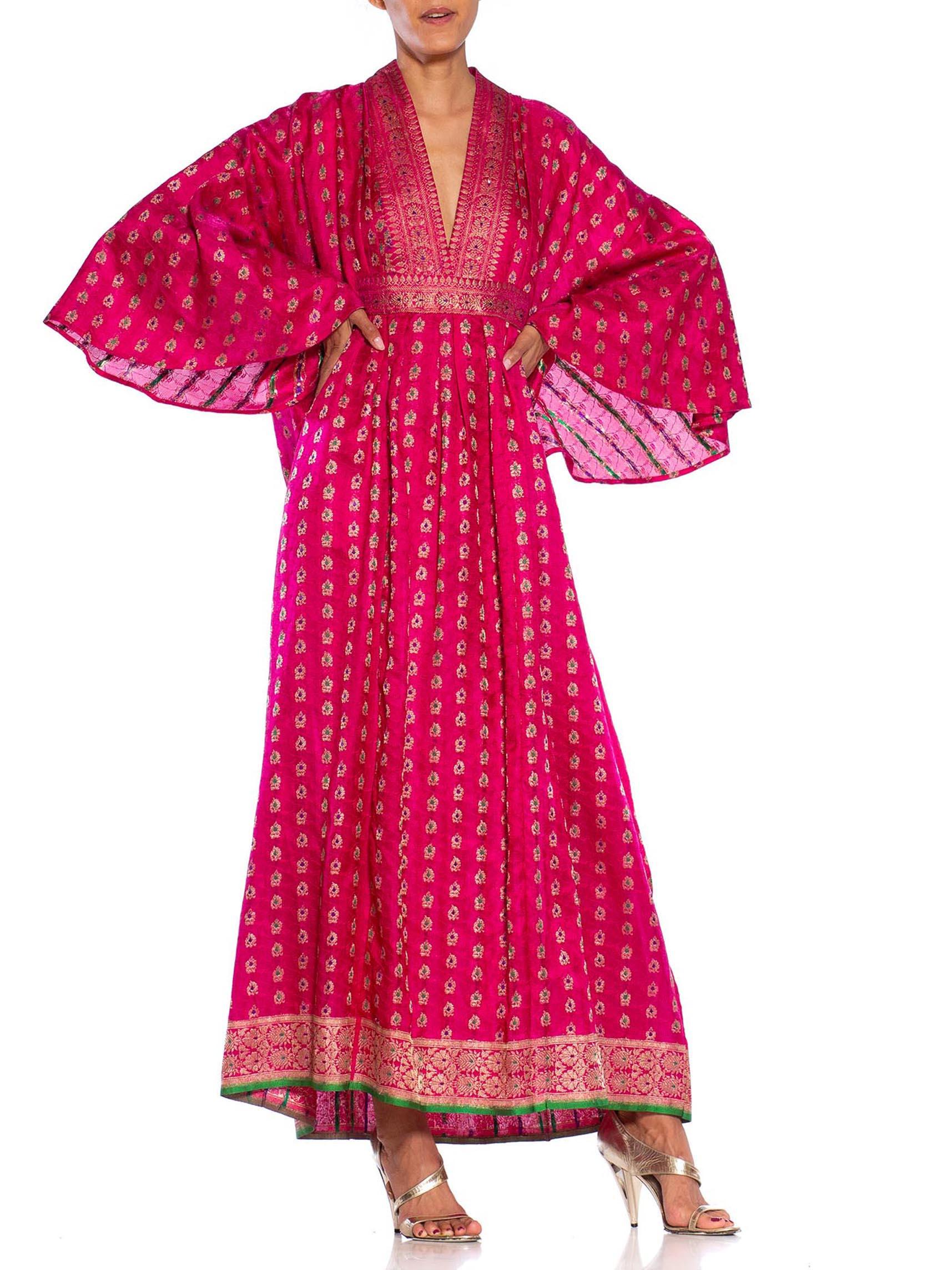 MORPHEW COLLECTION Pink Metallic Silk Kaftan Made From Vintage Saris In Excellent Condition In New York, NY