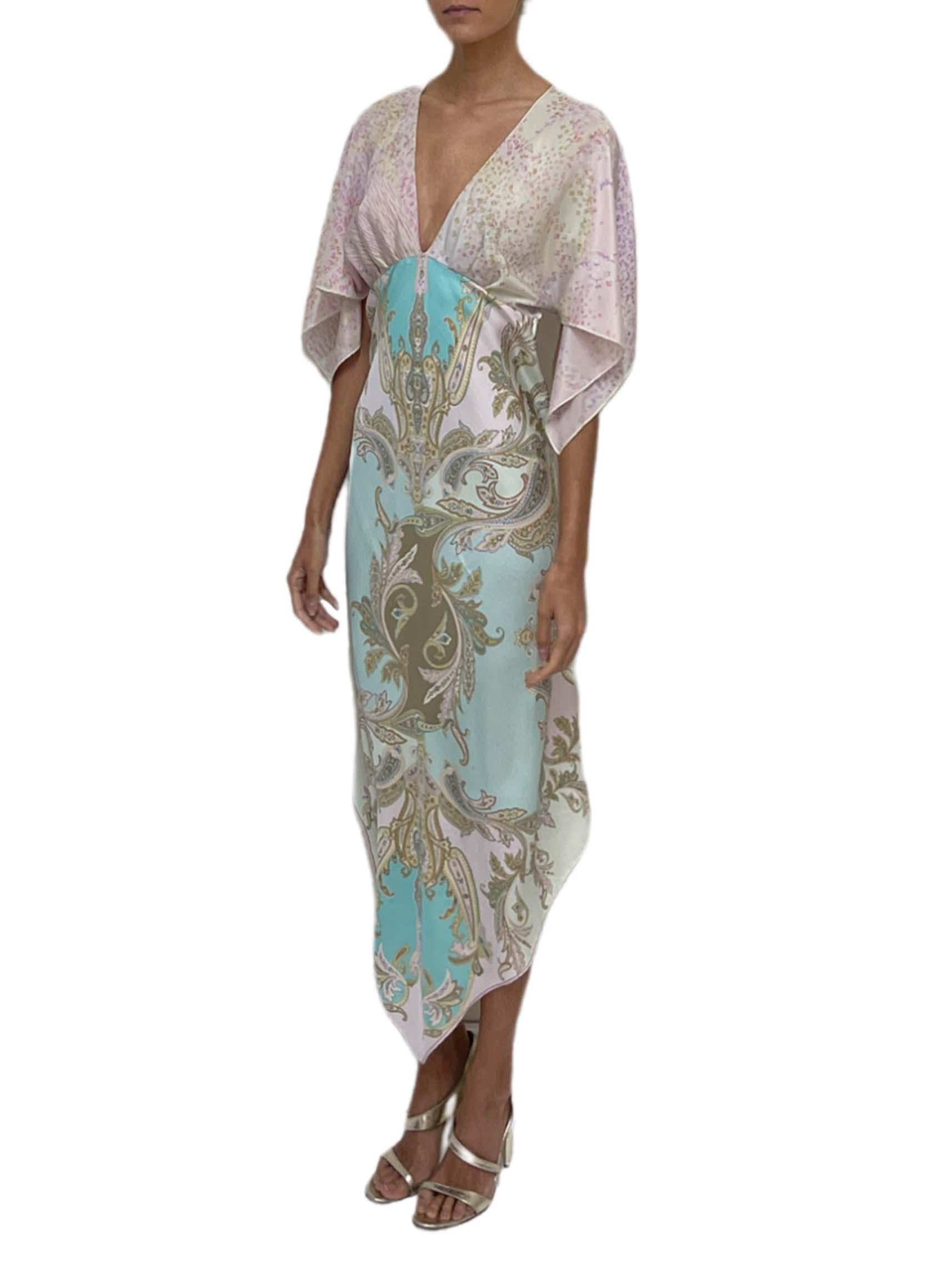 Gray MORPHEW COLLECTION Pink, Olive Green & Sky Blue Silk Paisley 2-Scarf Dress Made For Sale