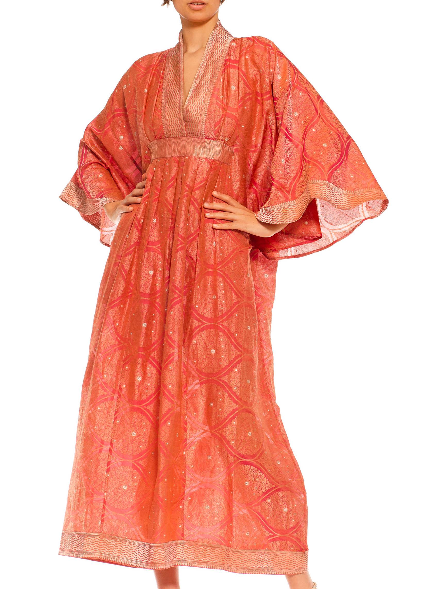 Red Morphew Collection Pink & Peach Metallic Gold Silk Geometric Kaftan Made From V For Sale