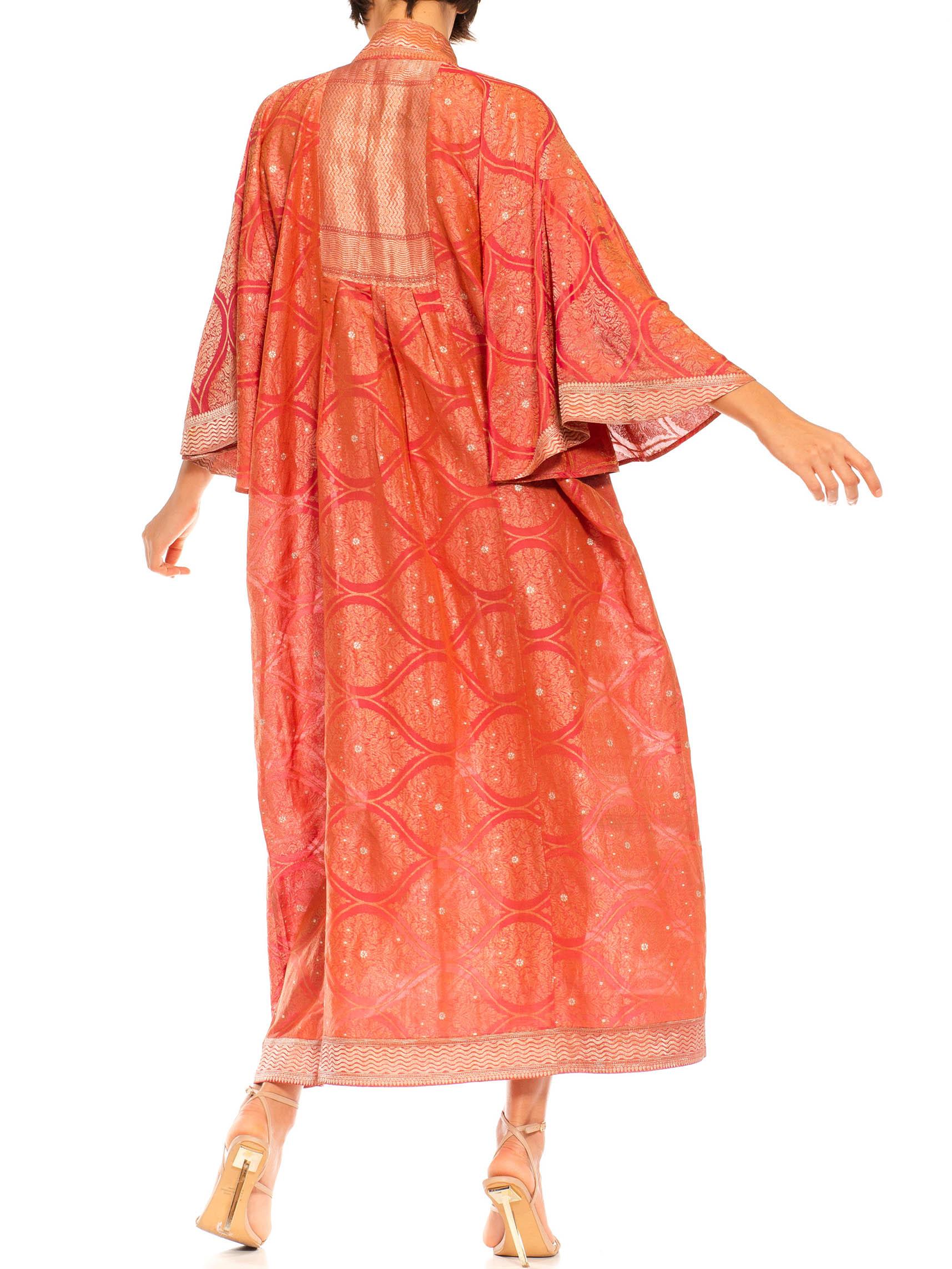 Morphew Collection Pink & Peach Metallic Gold Silk Geometric Kaftan Made From V In Excellent Condition For Sale In New York, NY