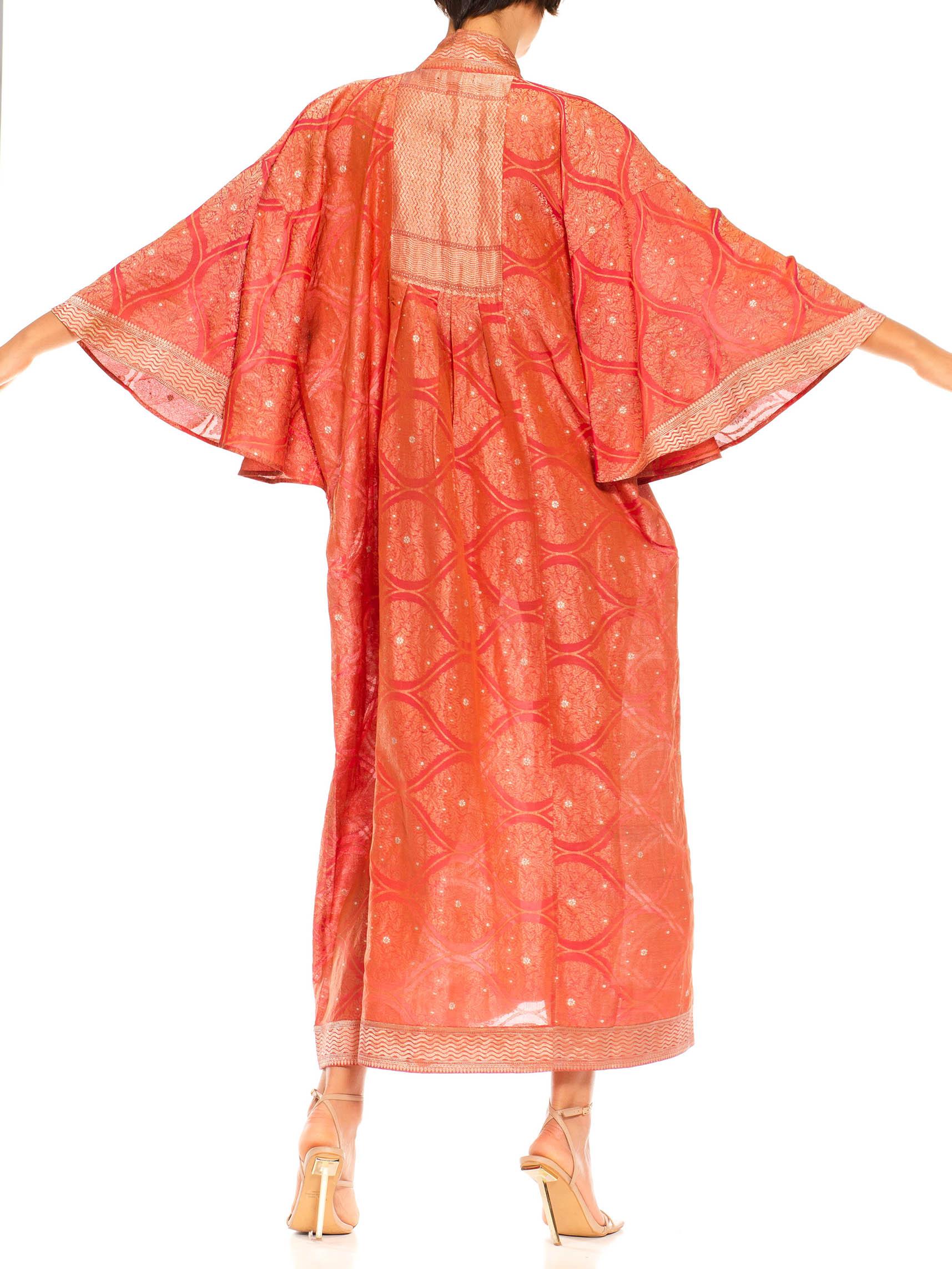 Morphew Collection Pink & Peach Metallic Gold Silk Geometric Kaftan Made From V For Sale 1