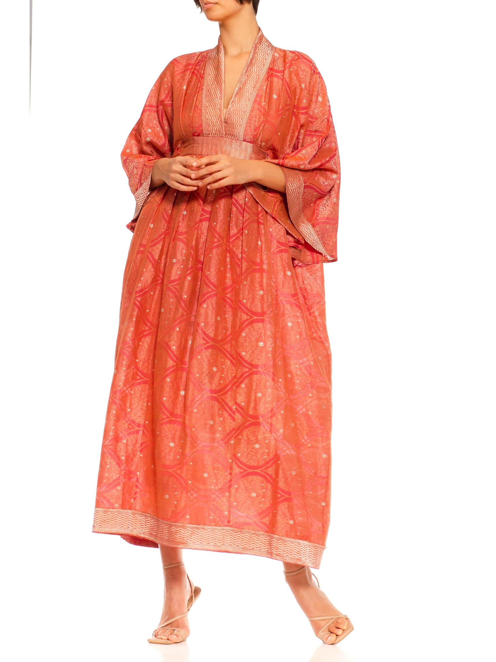 Morphew Collection Pink & Peach Metallic Gold Silk Geometric Kaftan Made From V For Sale 2