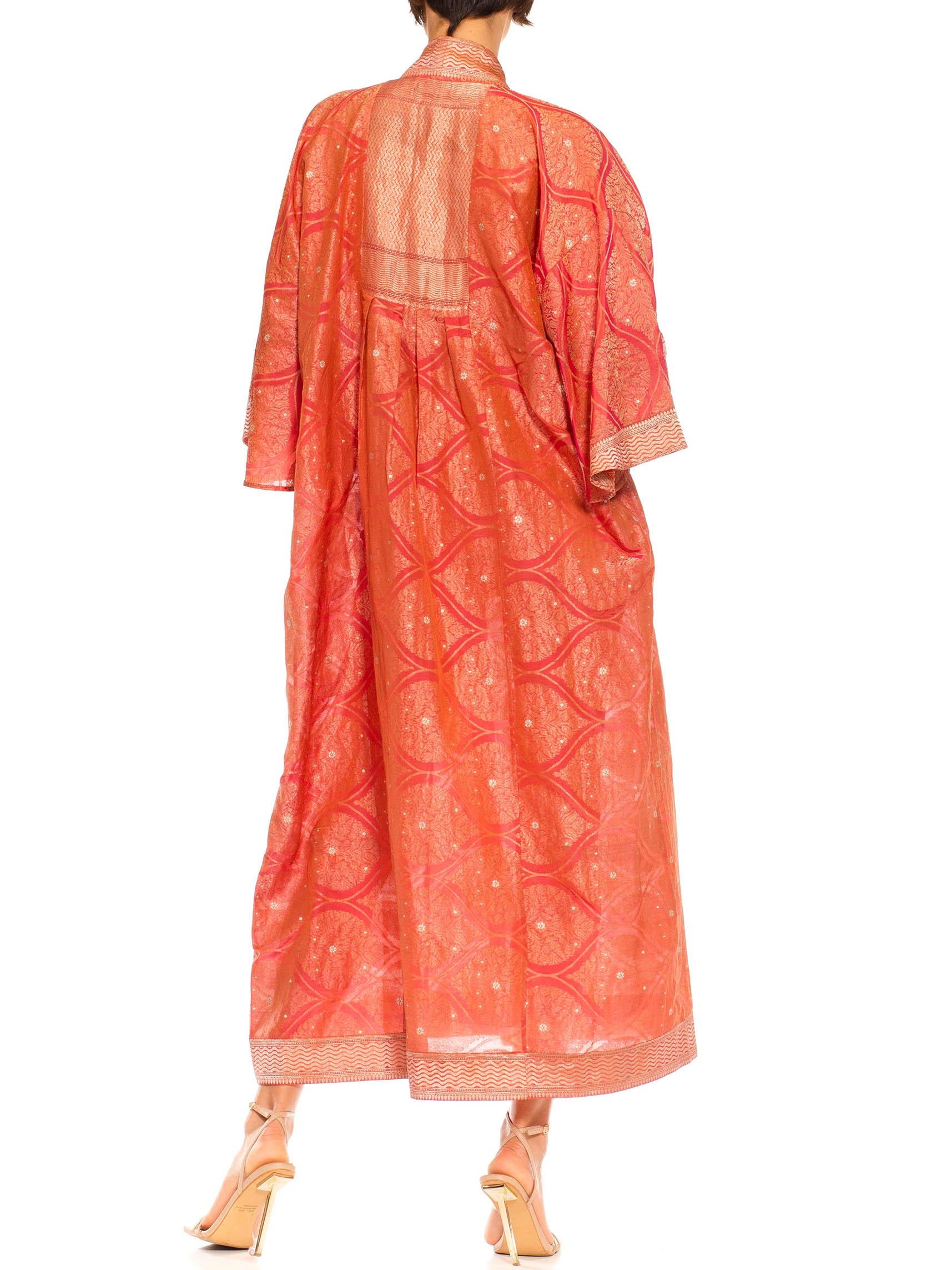 Morphew Collection Pink & Peach Metallic Gold Silk Geometric Kaftan Made From V For Sale 3