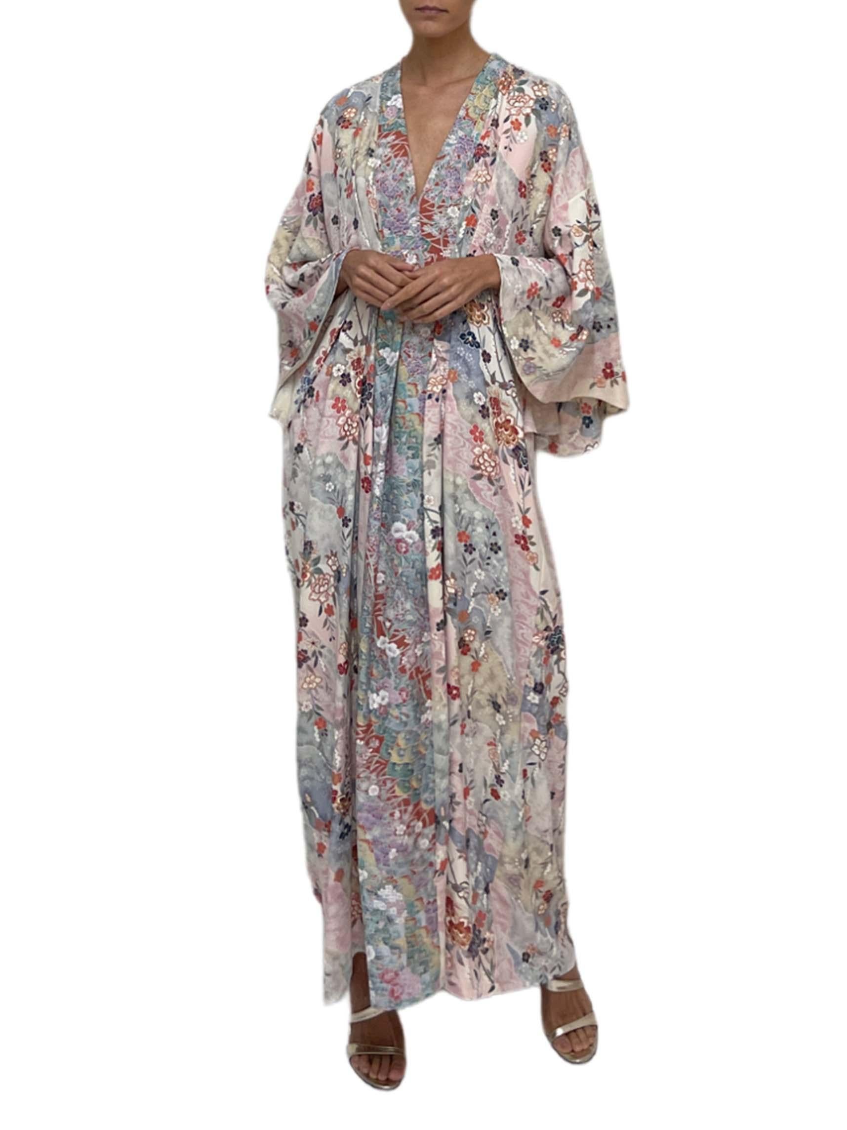 MORPHEW COLLECTION Pink & Purple Pastel Japanese Kimono Silk Floral Kaftan In Excellent Condition For Sale In New York, NY