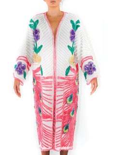 MORPHEW COLLECTION Pink & White Cotton Hand Embroidered Chenille Peacock Beach