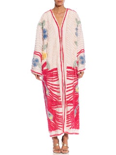 MORPHEW COLLECTION Pink & White Cotton Hand Embroidered Chenille Peacock Beach