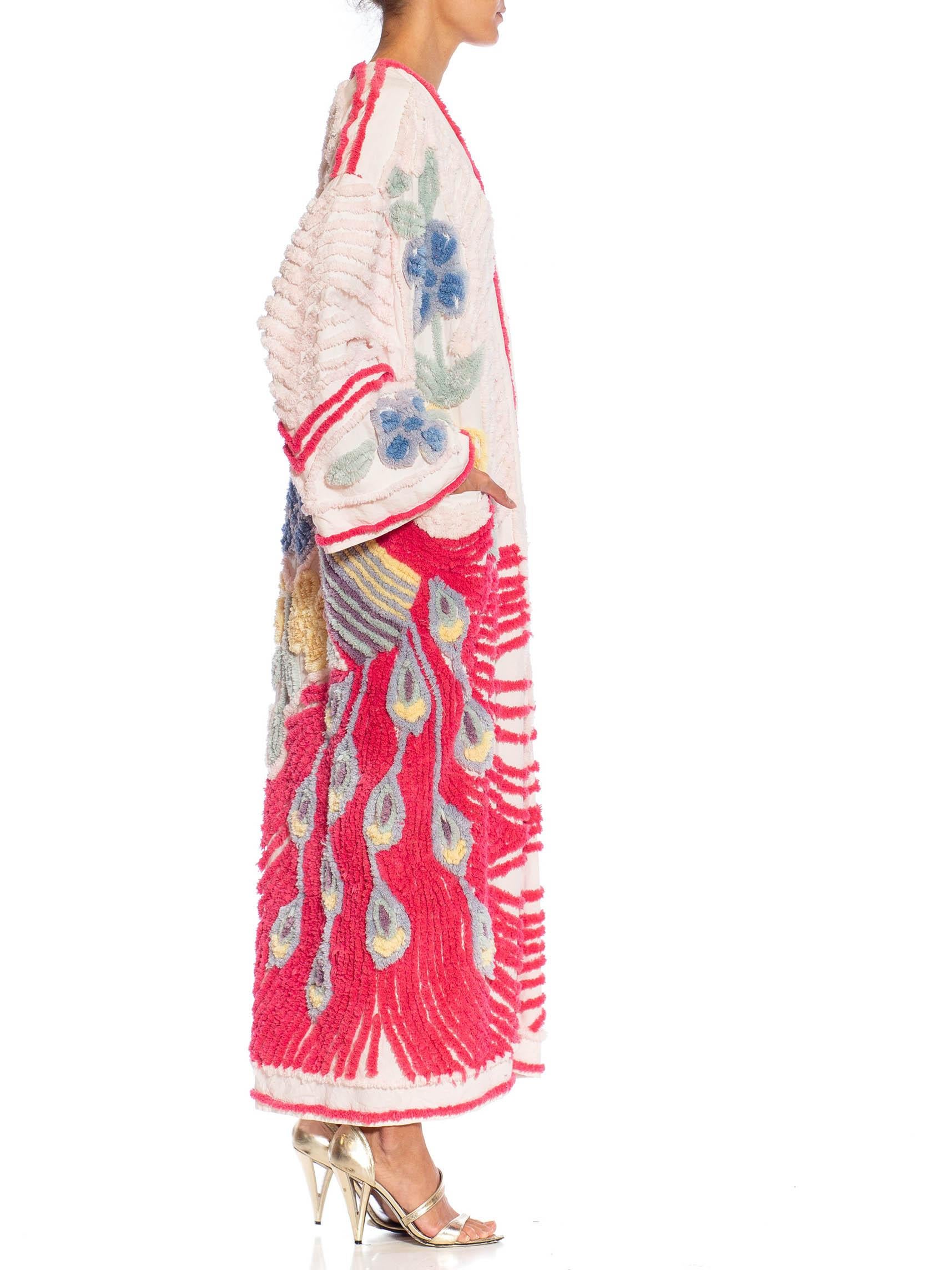 Women's MORPHEW COLLECTION Pink & White Cotton Hand Embroidered Chenille Peacock Beach  For Sale