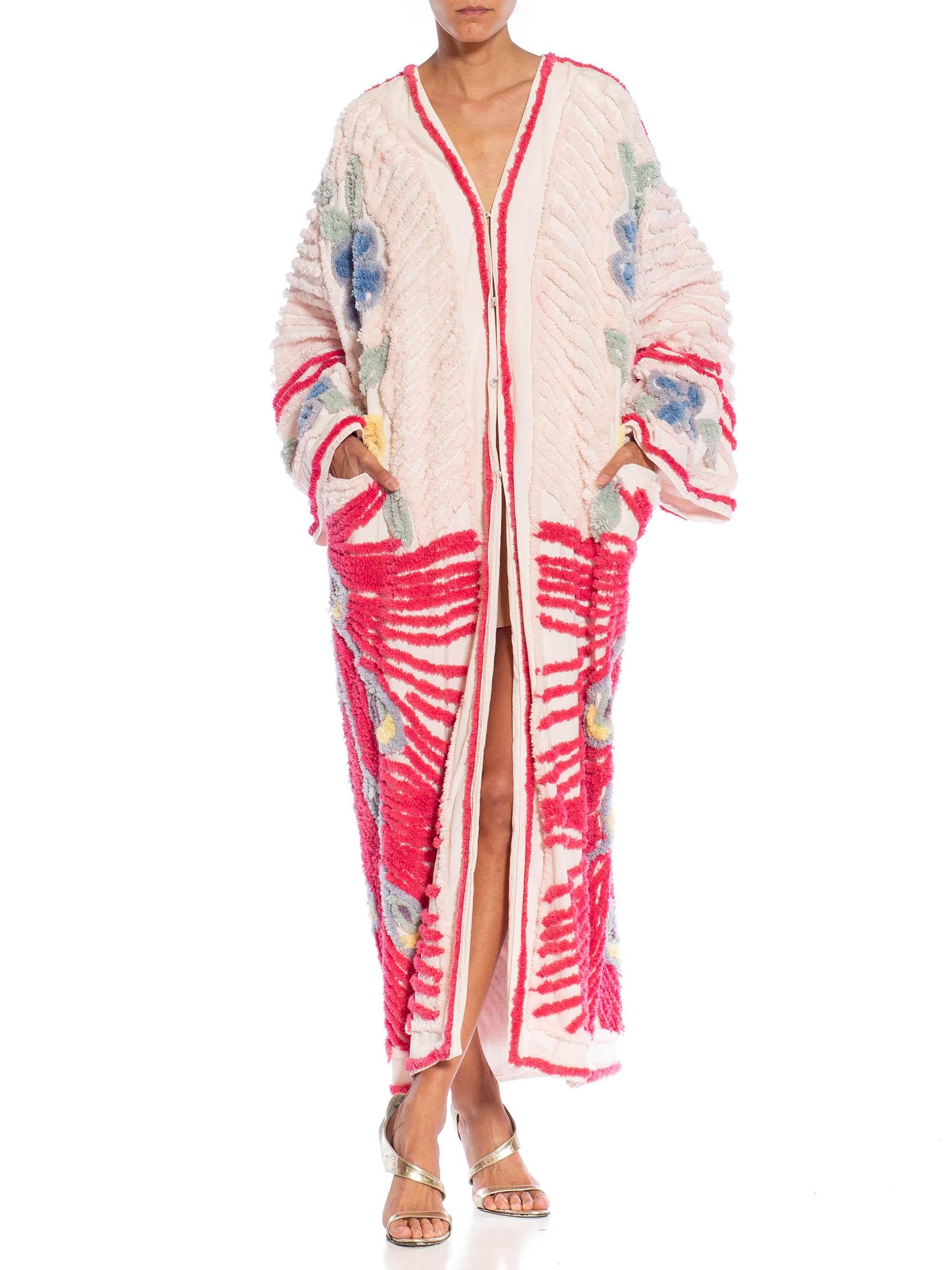 MORPHEW COLLECTION Pink & White Cotton Hand Embroidered Chenille Peacock Beach  For Sale 1