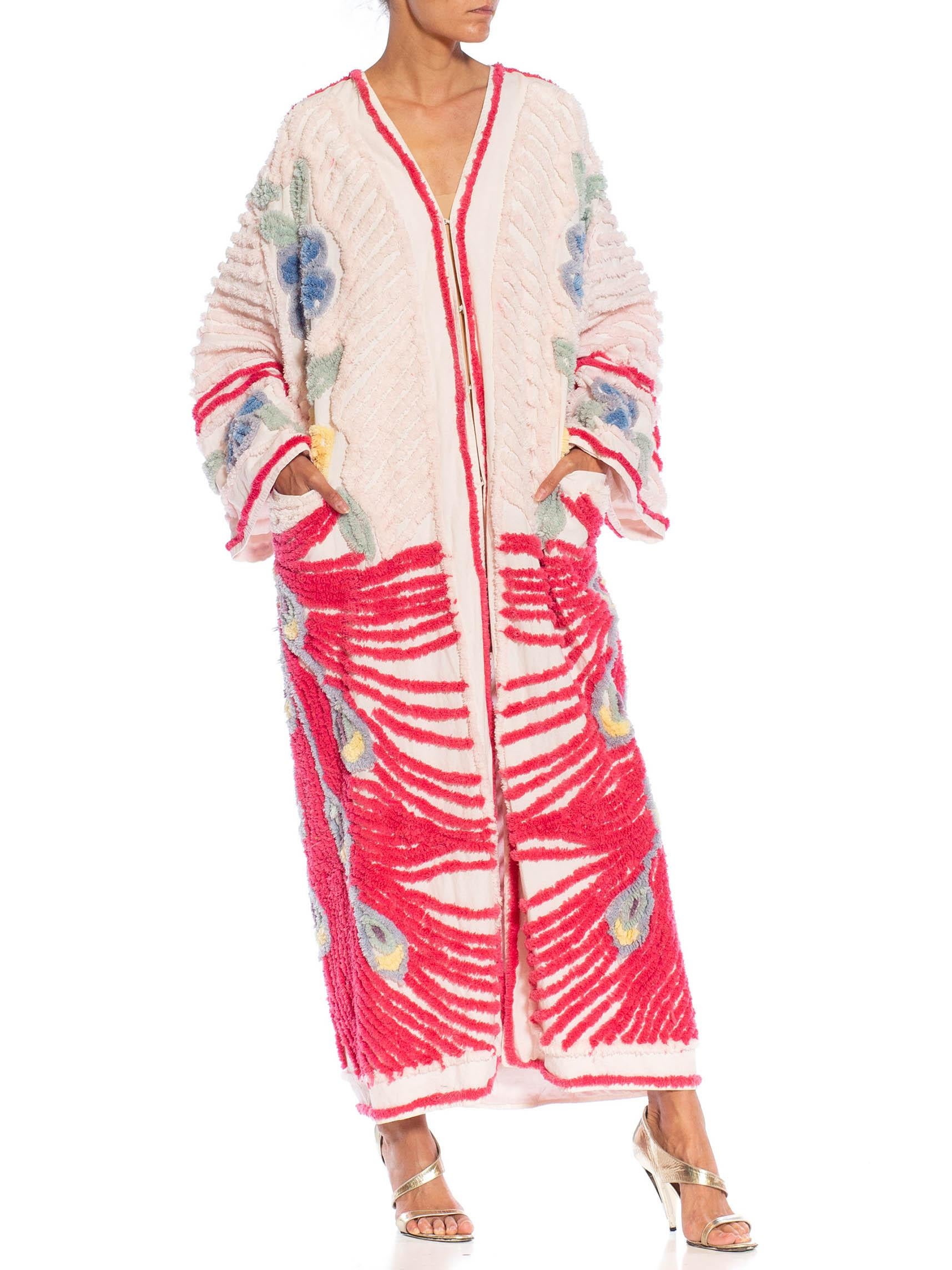MORPHEW COLLECTION Pink & White Cotton Hand Embroidered Chenille Peacock Beach  3