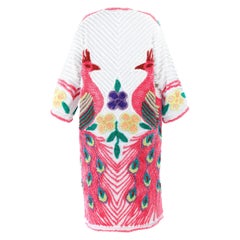 MORPHEW COLLECTION Pink & White Cotton Hand Embroidered Chenille Peacock Beach