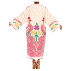 Morphew Collection Pink & White Cotton Hand Embroidered Chenille Peacock Beach 