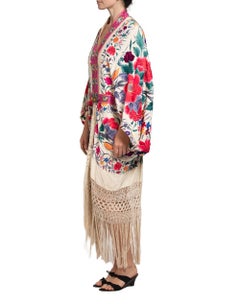 MORPHEW COLLECTION Pink & White  Silk Floral Hand Embroidered Piano Shawl Cocoo