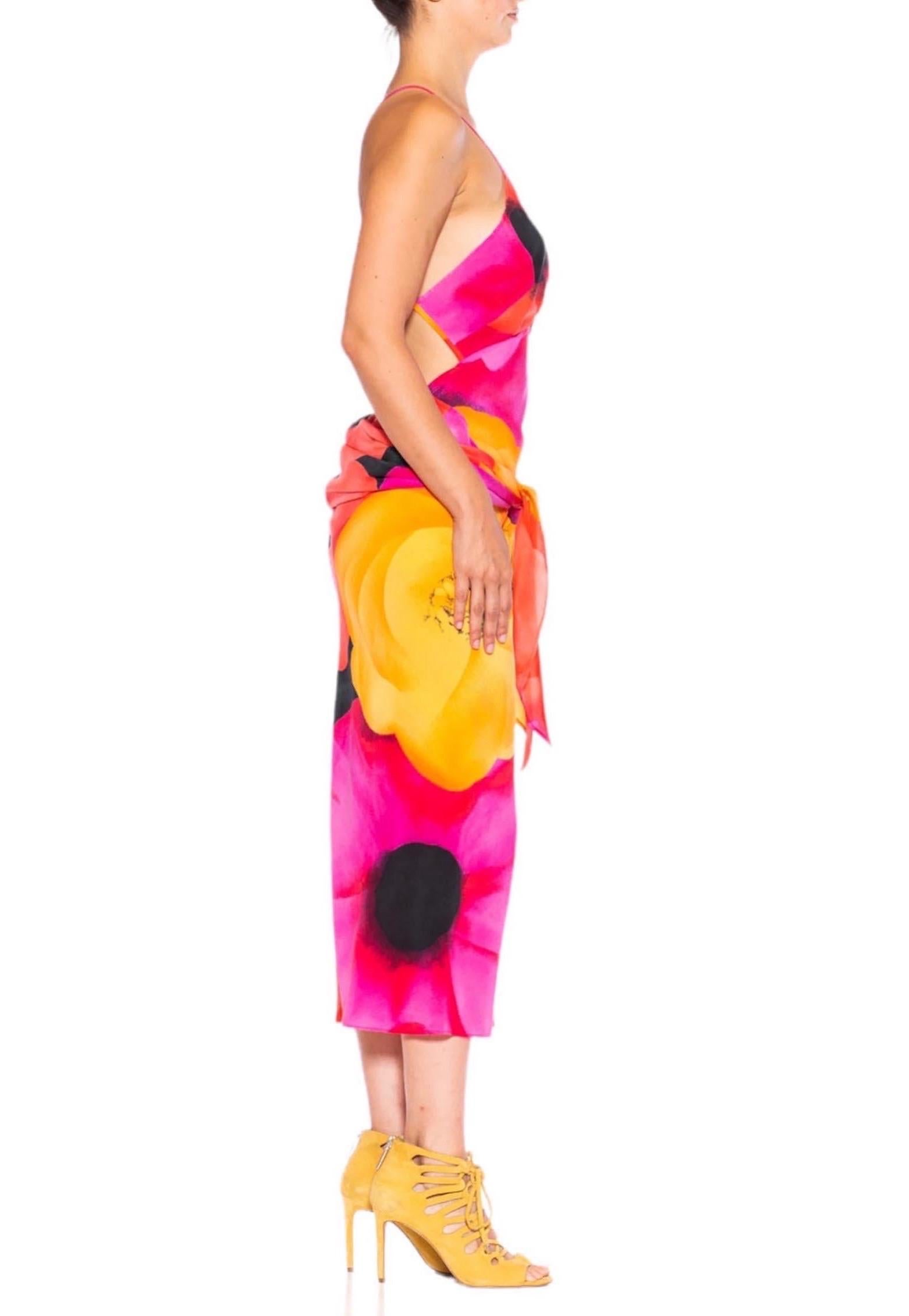 Women's MORPHEW COLLECTION Pink & Yellow Silk Floral Sagittarius One Scarf Dress Made F For Sale