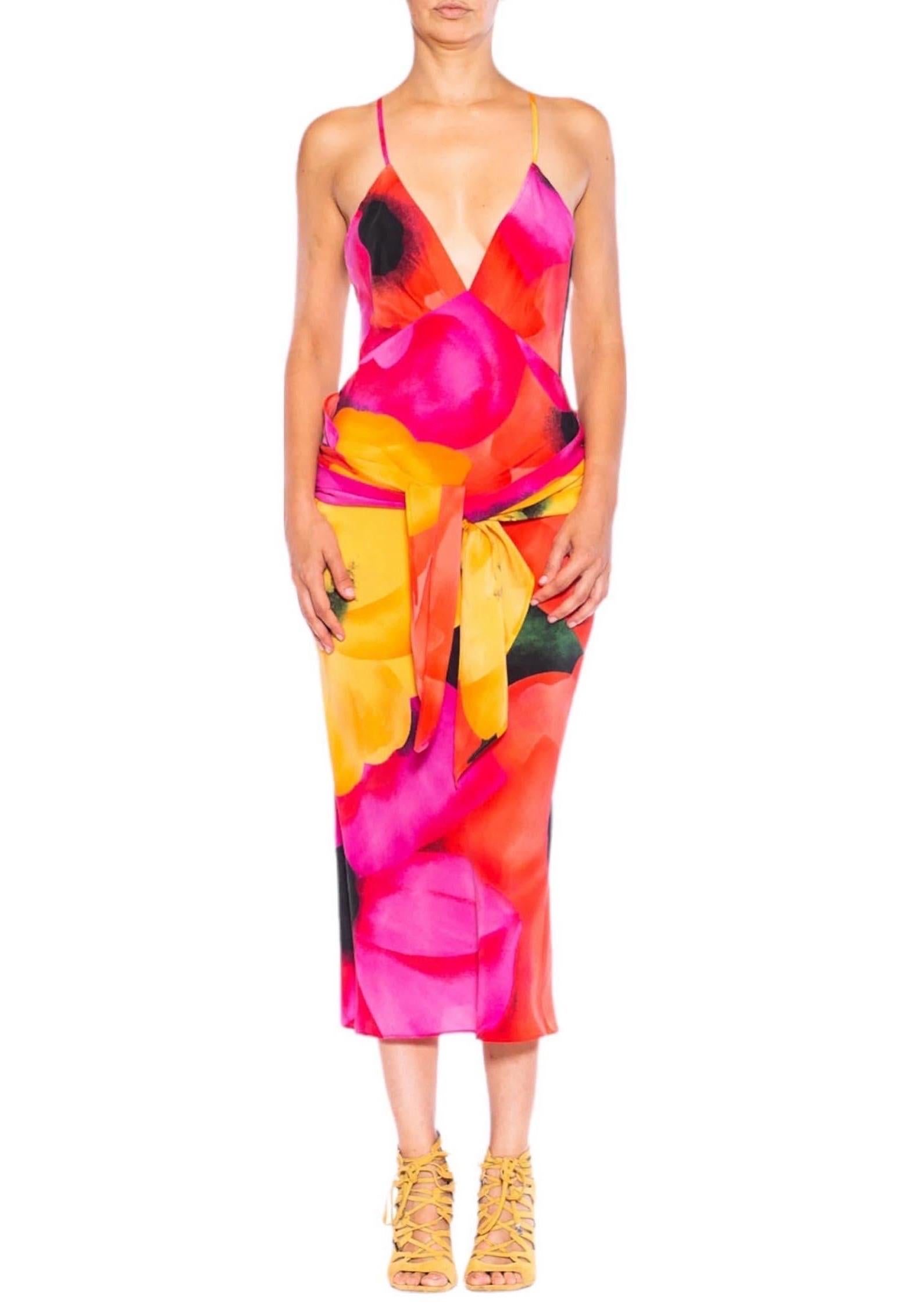 MORPHEW COLLECTION Pink & Yellow Silk Floral Sagittarius One Scarf Dress Made F For Sale 1