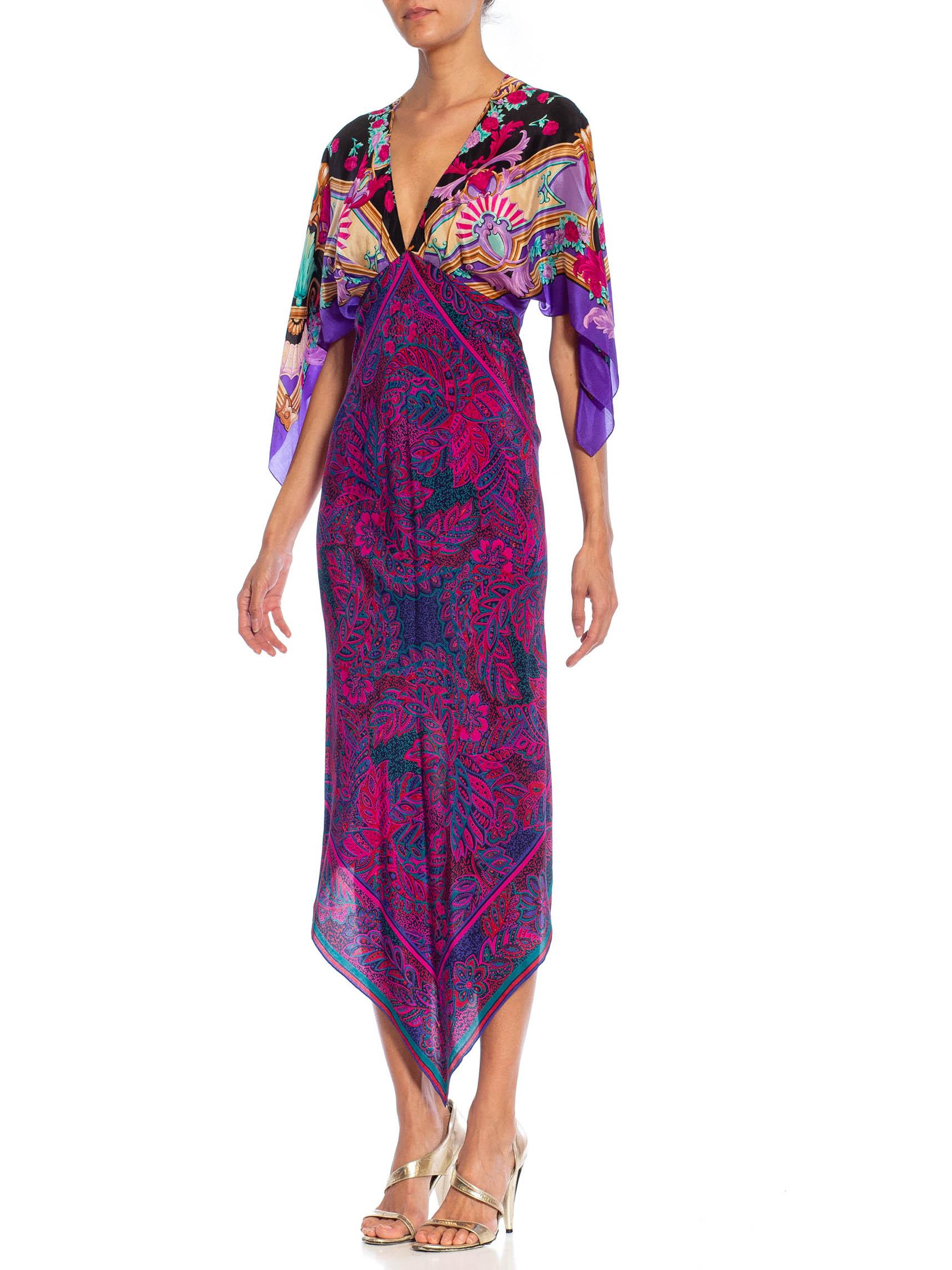 MORPHEW COLLECTION Purple, Black & Pink Silk Floral 2-Scarf Dress Made From Vin For Sale 4