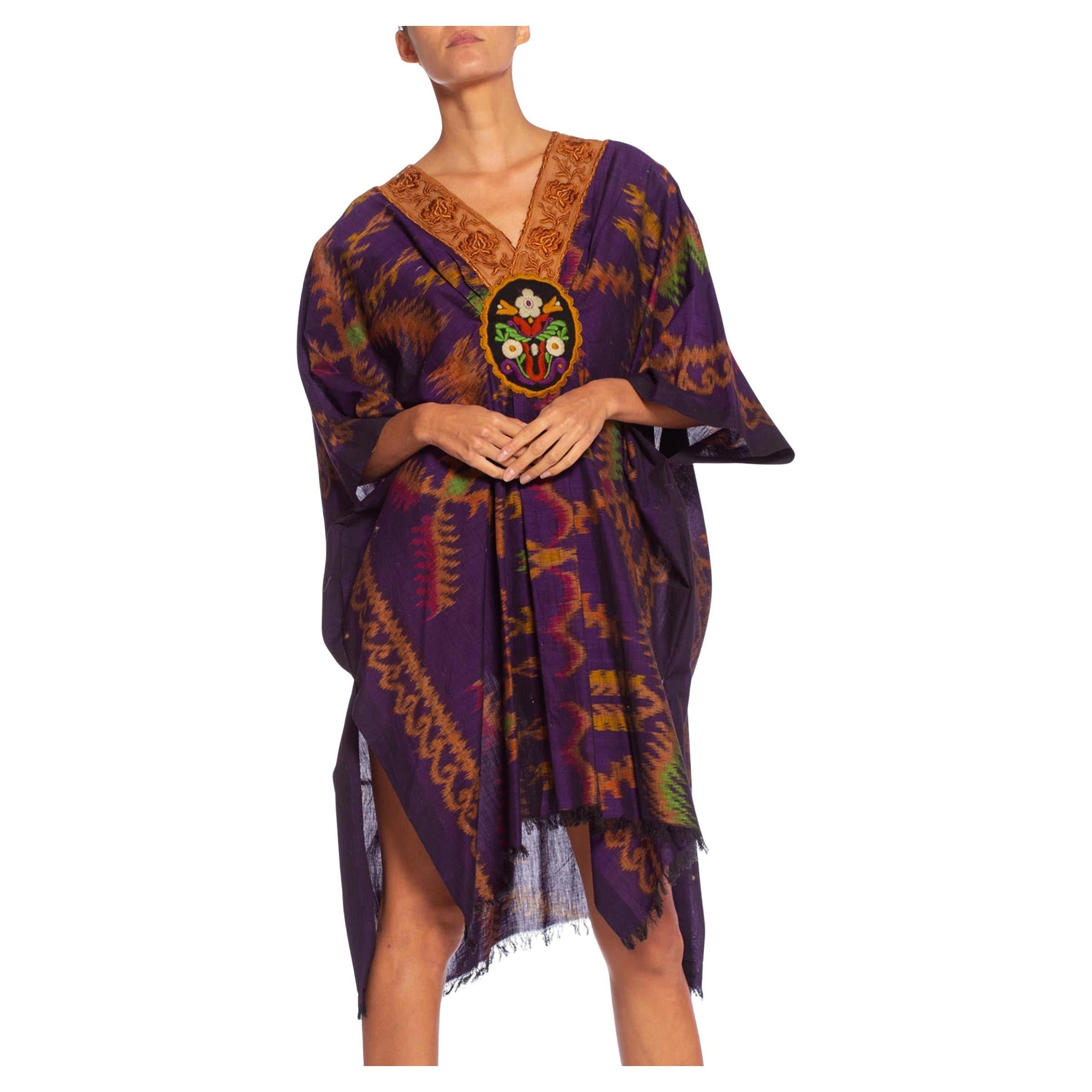 Purple & Brown Silk Ikat Kaftan Handmade With Victorian Lace
