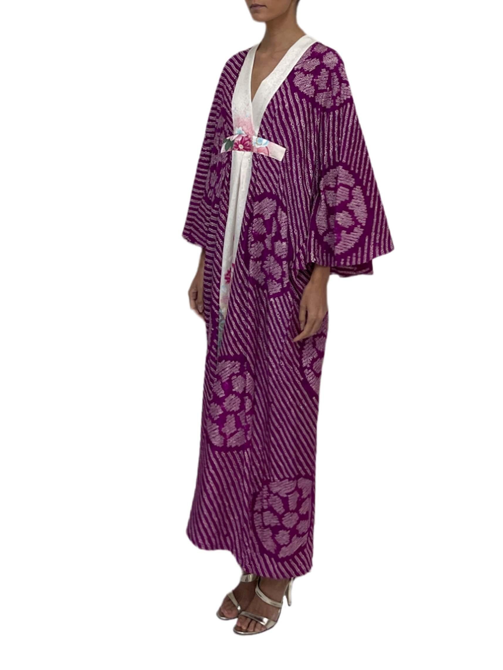 MORPHEW COLLECTION Purple & Cream Floral Japanese Kimono Silk Hand Dyed Shibori For Sale 2