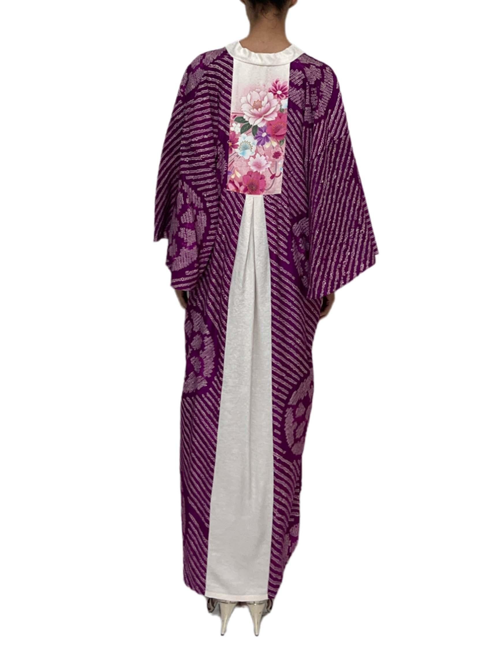 MORPHEW COLLECTION Purple & Cream Floral Japanese Kimono Silk Hand Dyed Shibori For Sale 4