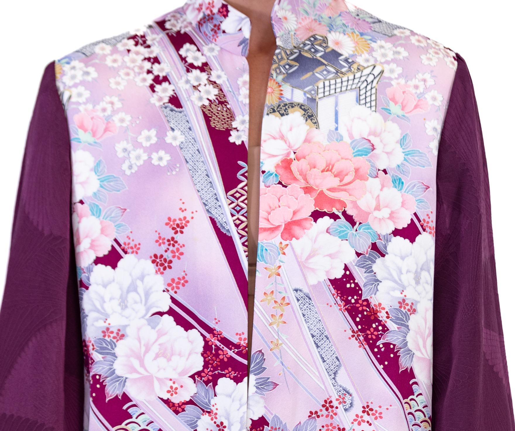 Morphew Collection Purple Floral Japanese Kimono Silk Jacket With Solid Sleeves For Sale 5