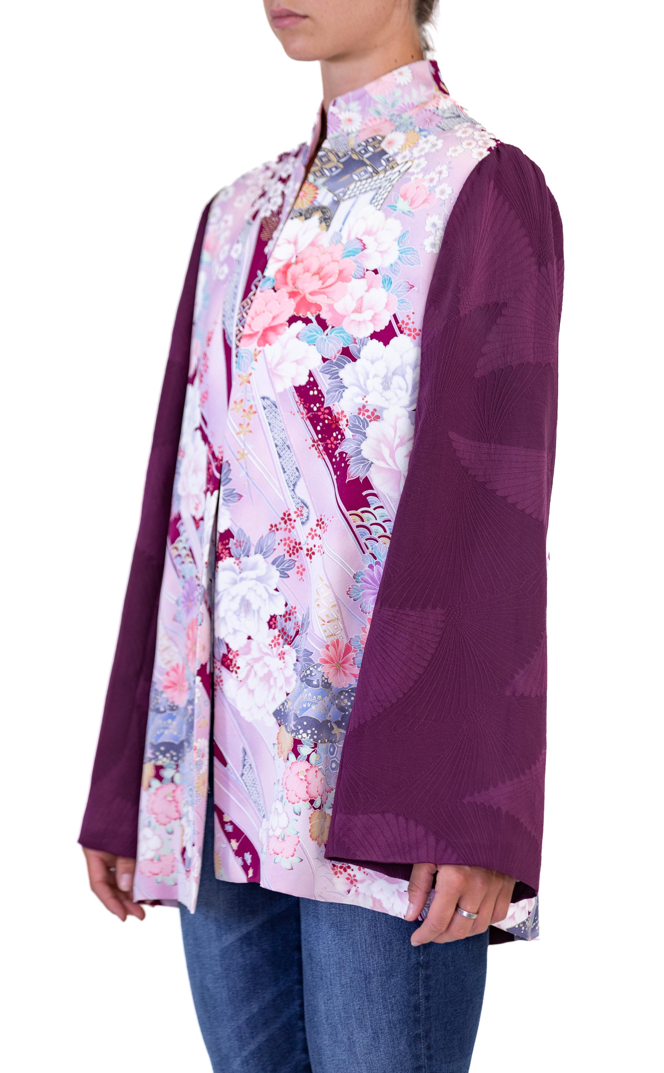 Morphew Collection Purple Floral Japanese Kimono Silk Jacket With Solid Sleeves In Excellent Condition For Sale In New York, NY