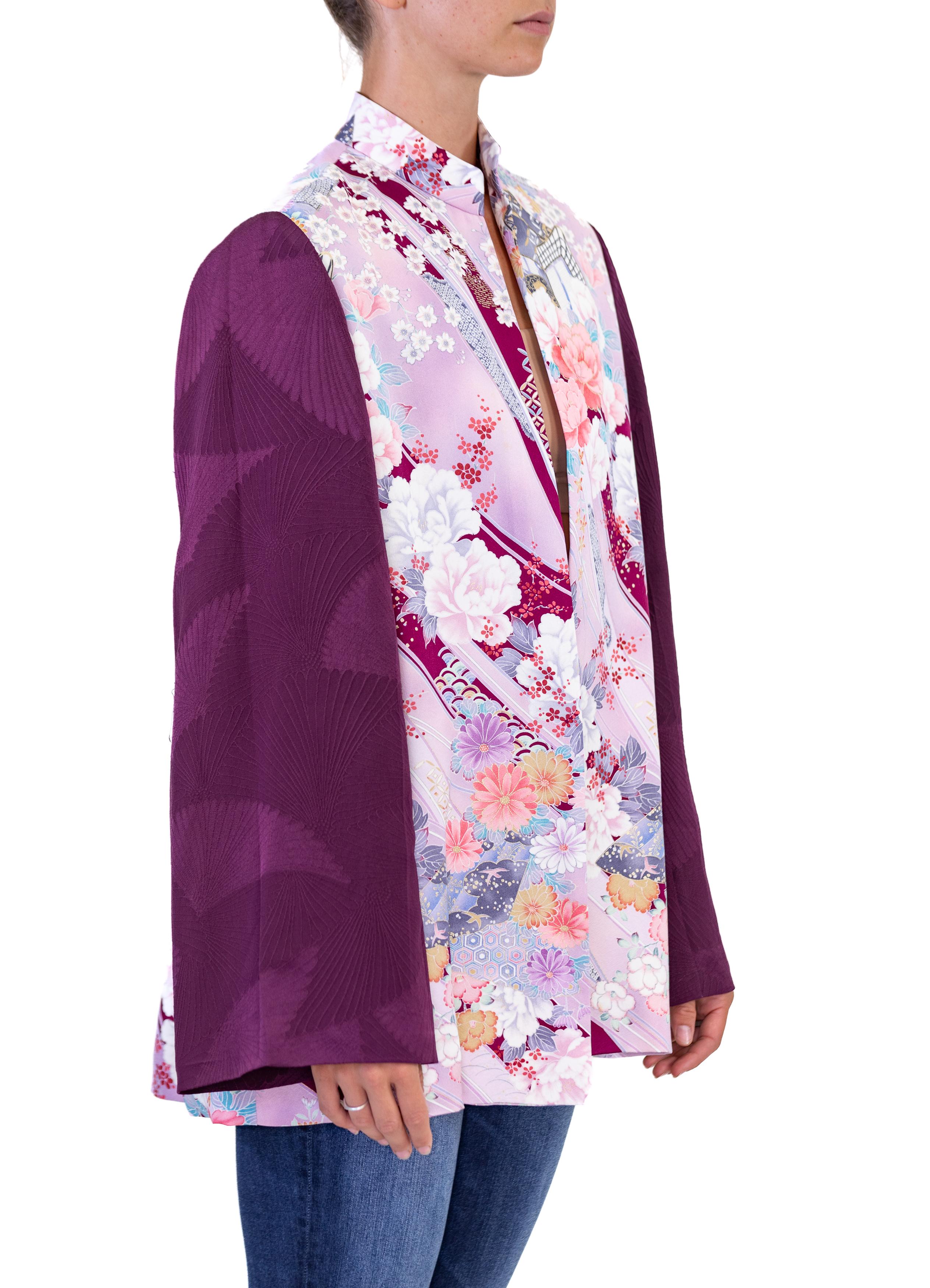 Women's Morphew Collection Purple Floral Japanese Kimono Silk Jacket With Solid Sleeves For Sale