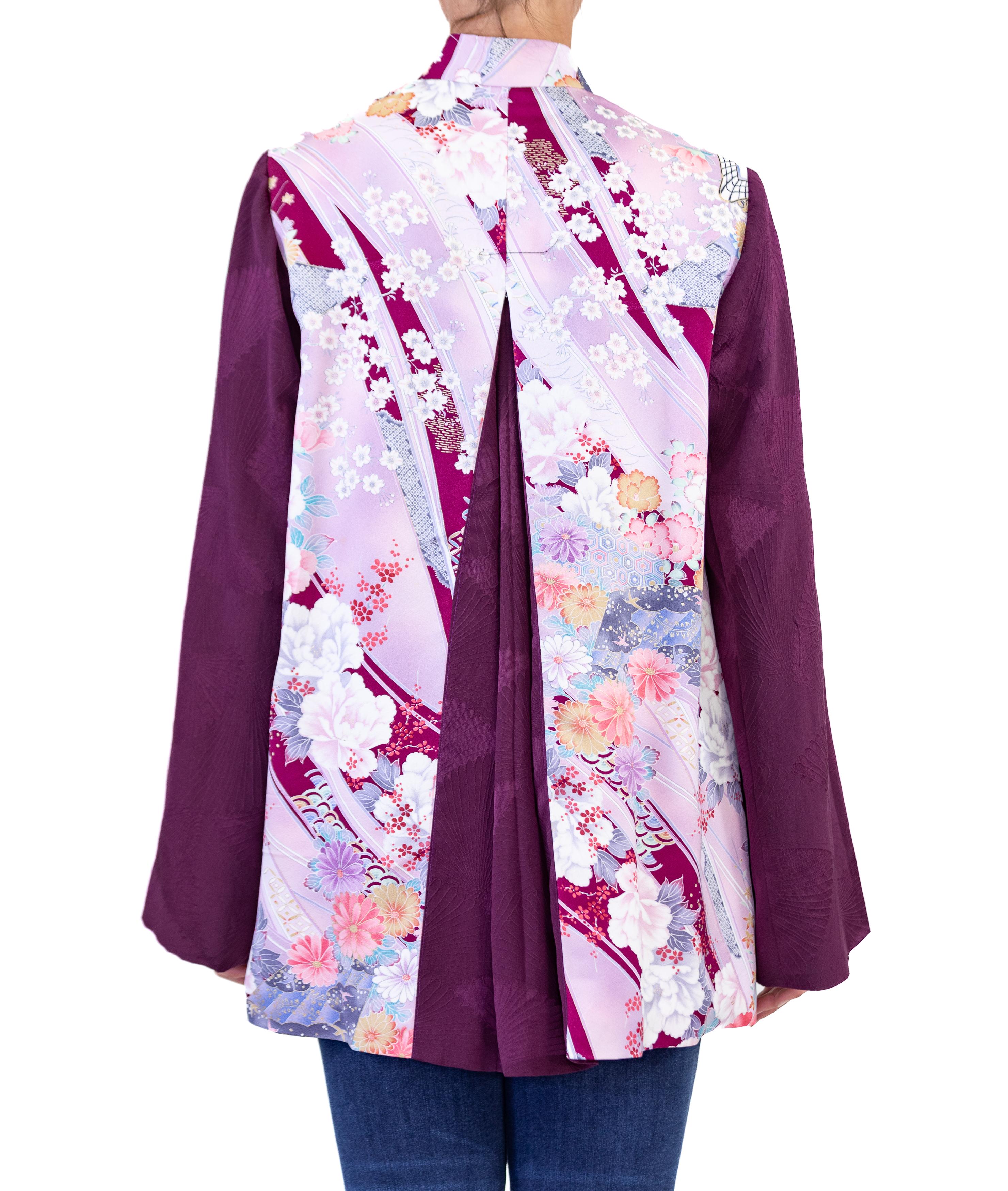Morphew Collection Purple Floral Japanese Kimono Silk Jacket With Solid Sleeves For Sale 1