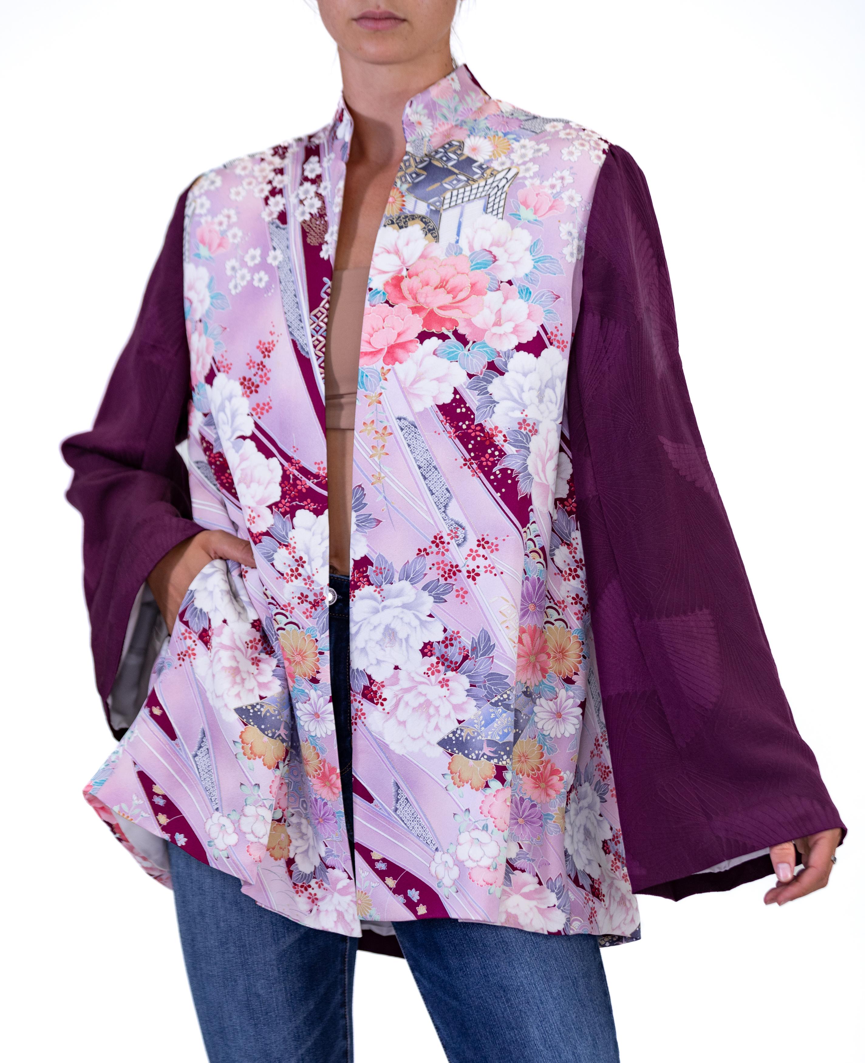 Morphew Collection Purple Floral Japanese Kimono Silk Jacket With Solid Sleeves For Sale 2