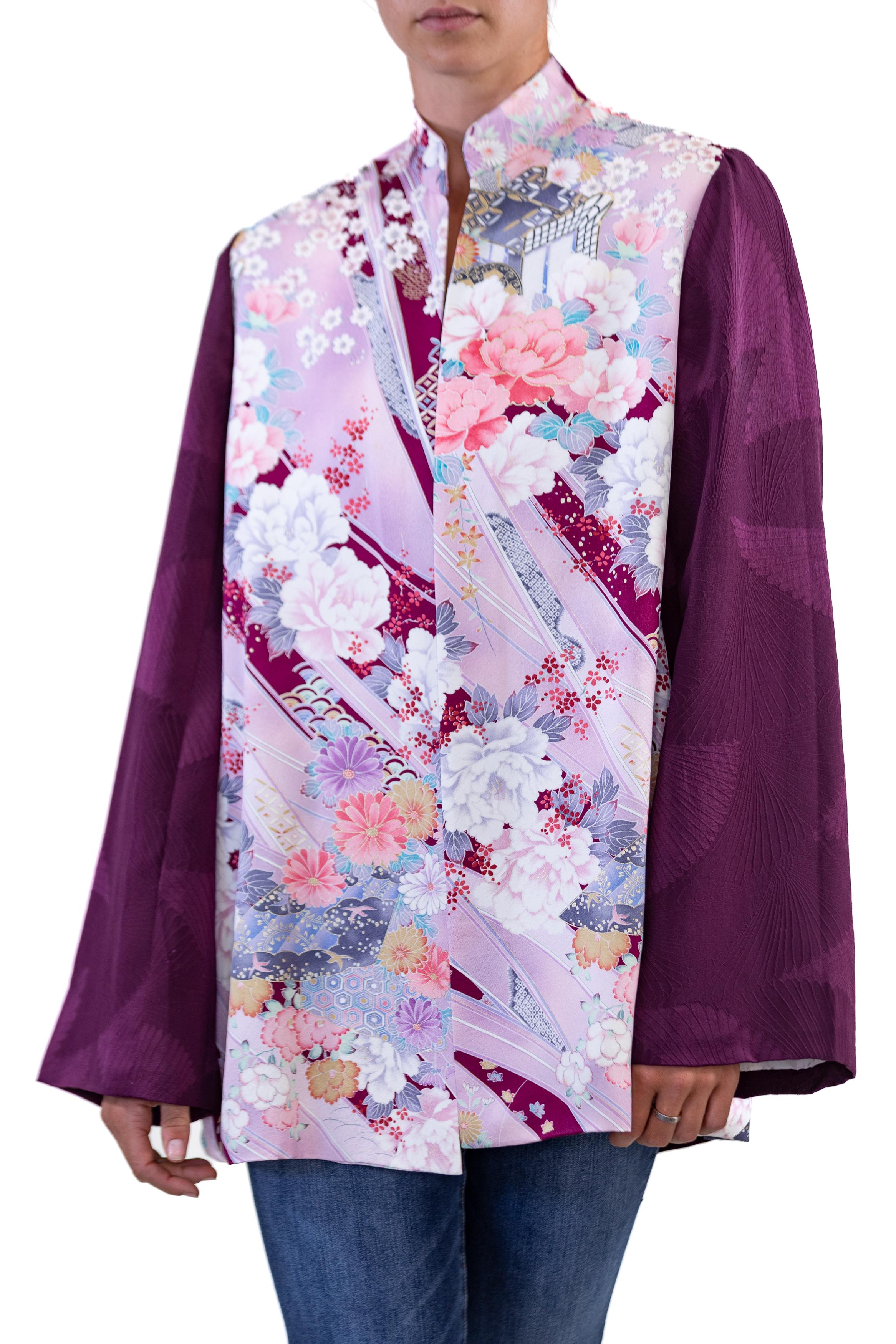 Morphew Collection Purple Floral Japanese Kimono Silk Jacket With Solid Sleeves For Sale 3